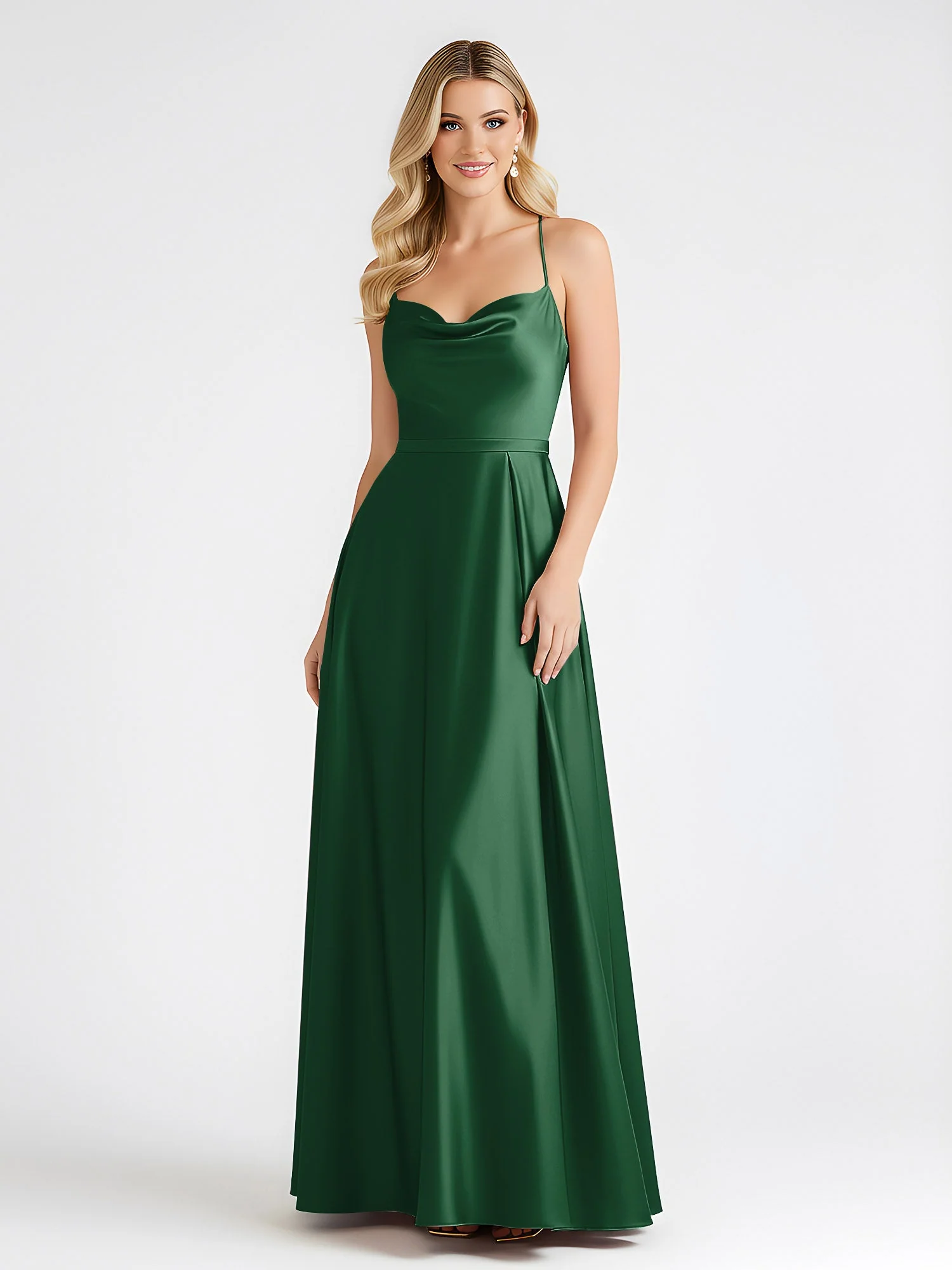 A-Linie Satin Bodenlang Cowl Ausschnitt Gerafft Kleid Dunkelgrün - Image 3