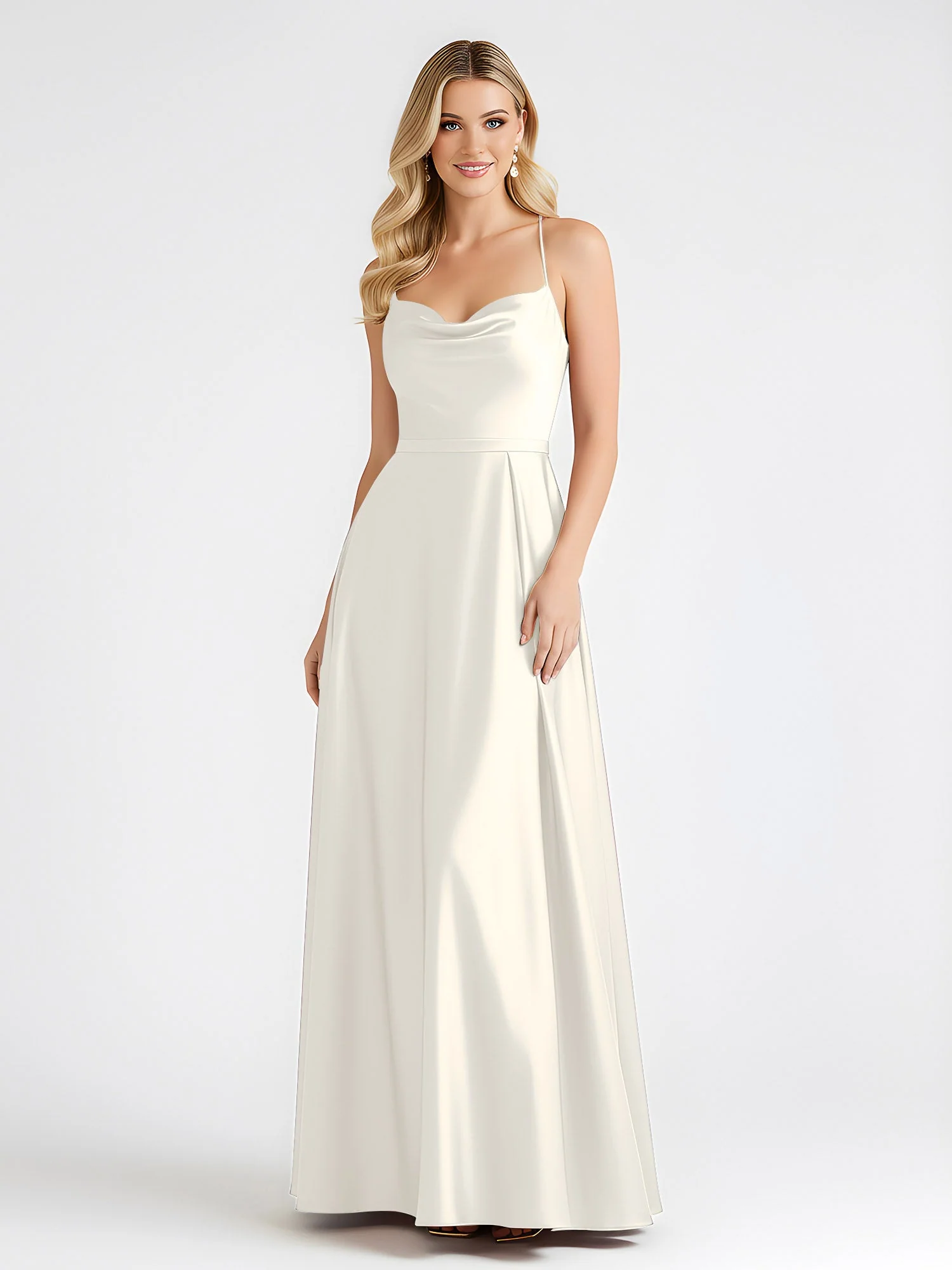 A-Linie Satin Bodenlang Cowl Ausschnitt Gerafft Kleid Elfenbein - Image 3