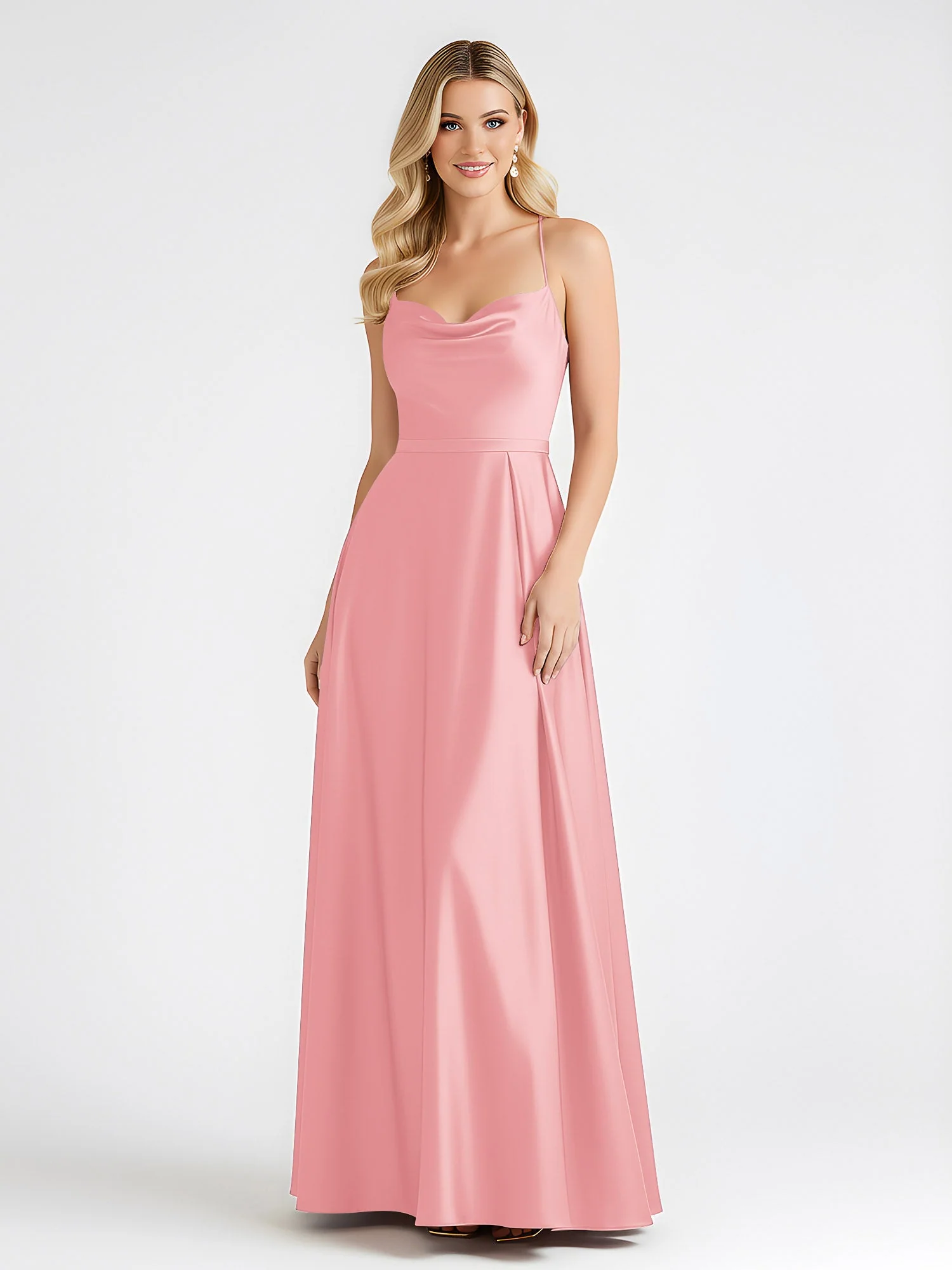A-Linie Satin Bodenlang Cowl Ausschnitt Gerafft Kleid Flamingo - Image 3