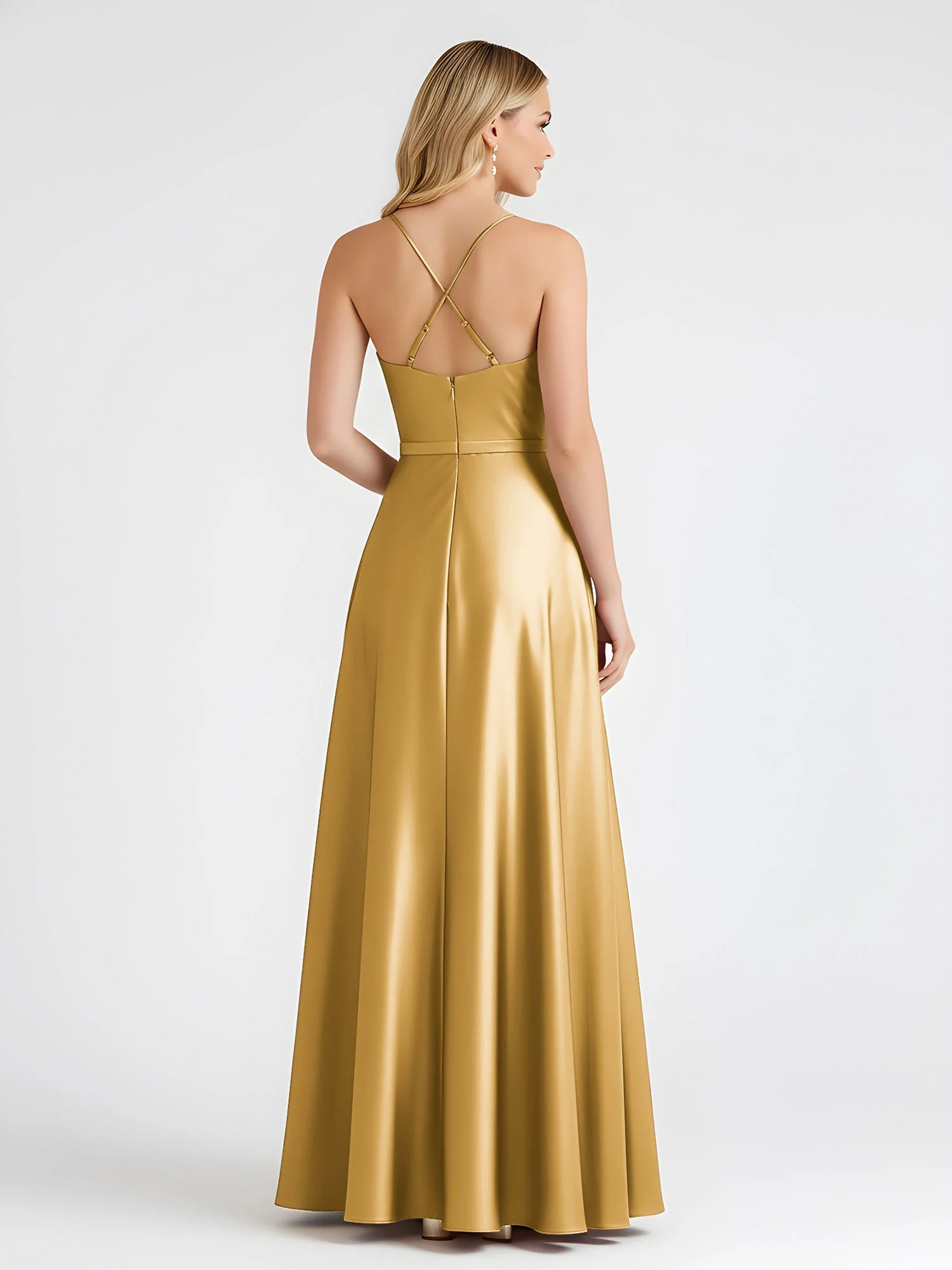 A-Linie Satin Bodenlang Cowl Ausschnitt Gerafft Kleid Gold - Image 2
