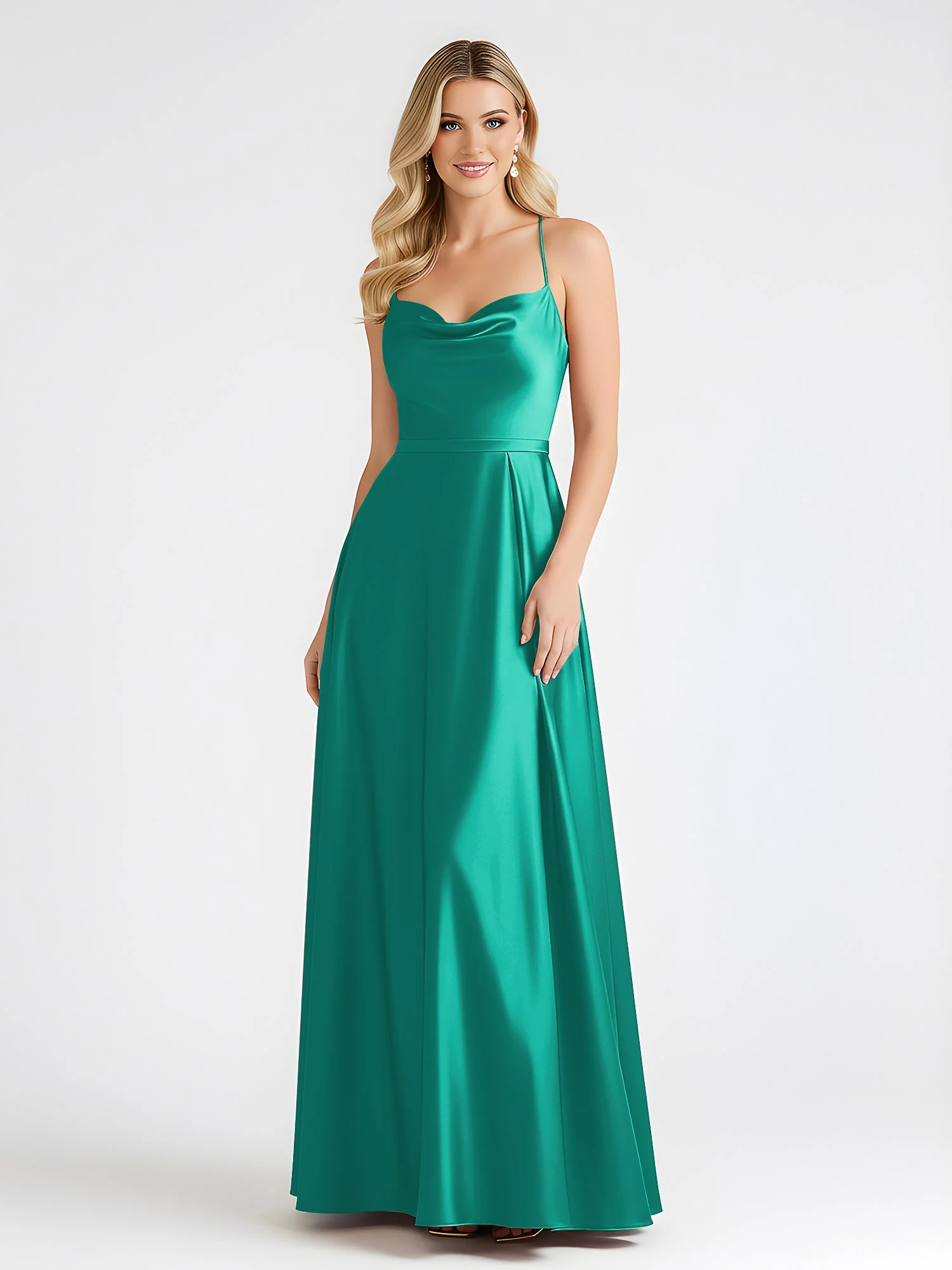 A-Linie Satin Bodenlang Cowl Ausschnitt Gerafft Kleid Jade - Image 3