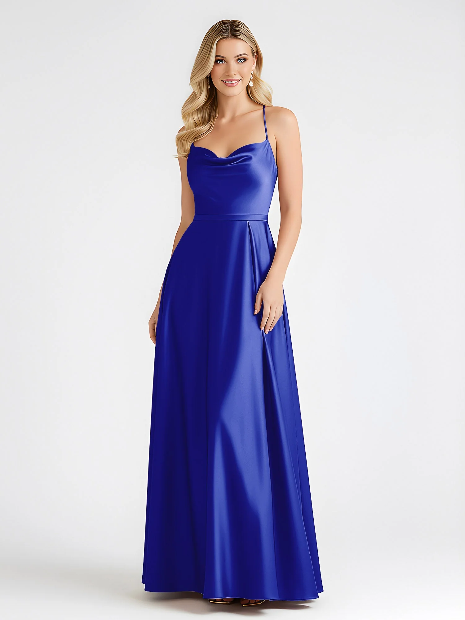 A-Linie Satin Bodenlang Cowl Ausschnitt Gerafft Kleid Königsblau - Image 3