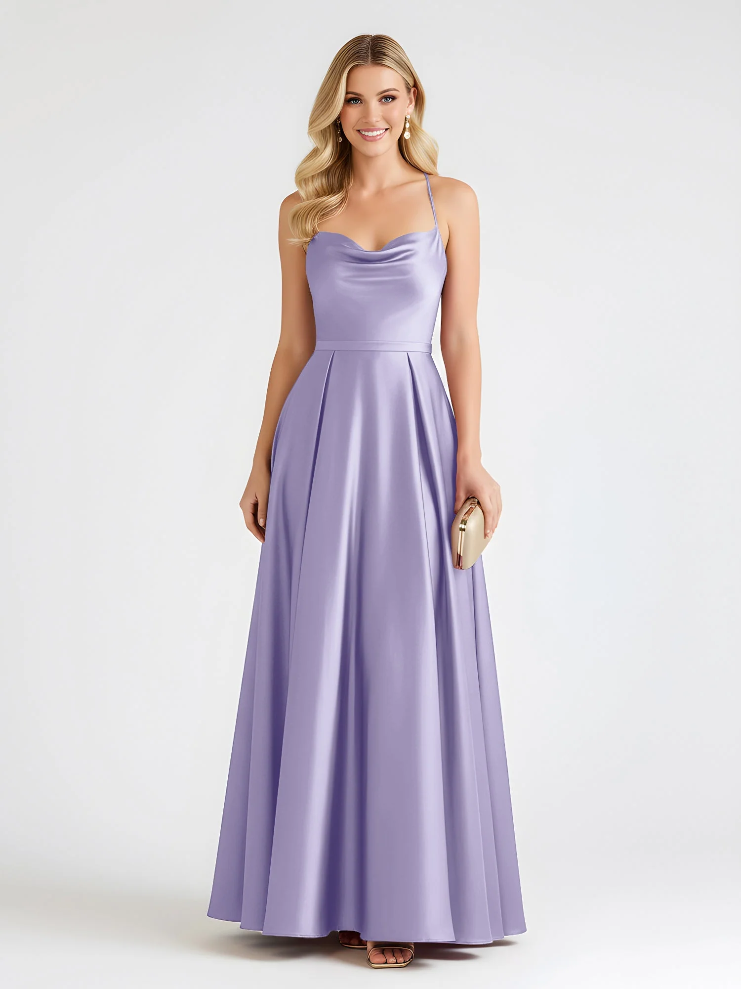 A-Linie Satin Bodenlang Cowl Ausschnitt Gerafft Kleid Lavendel