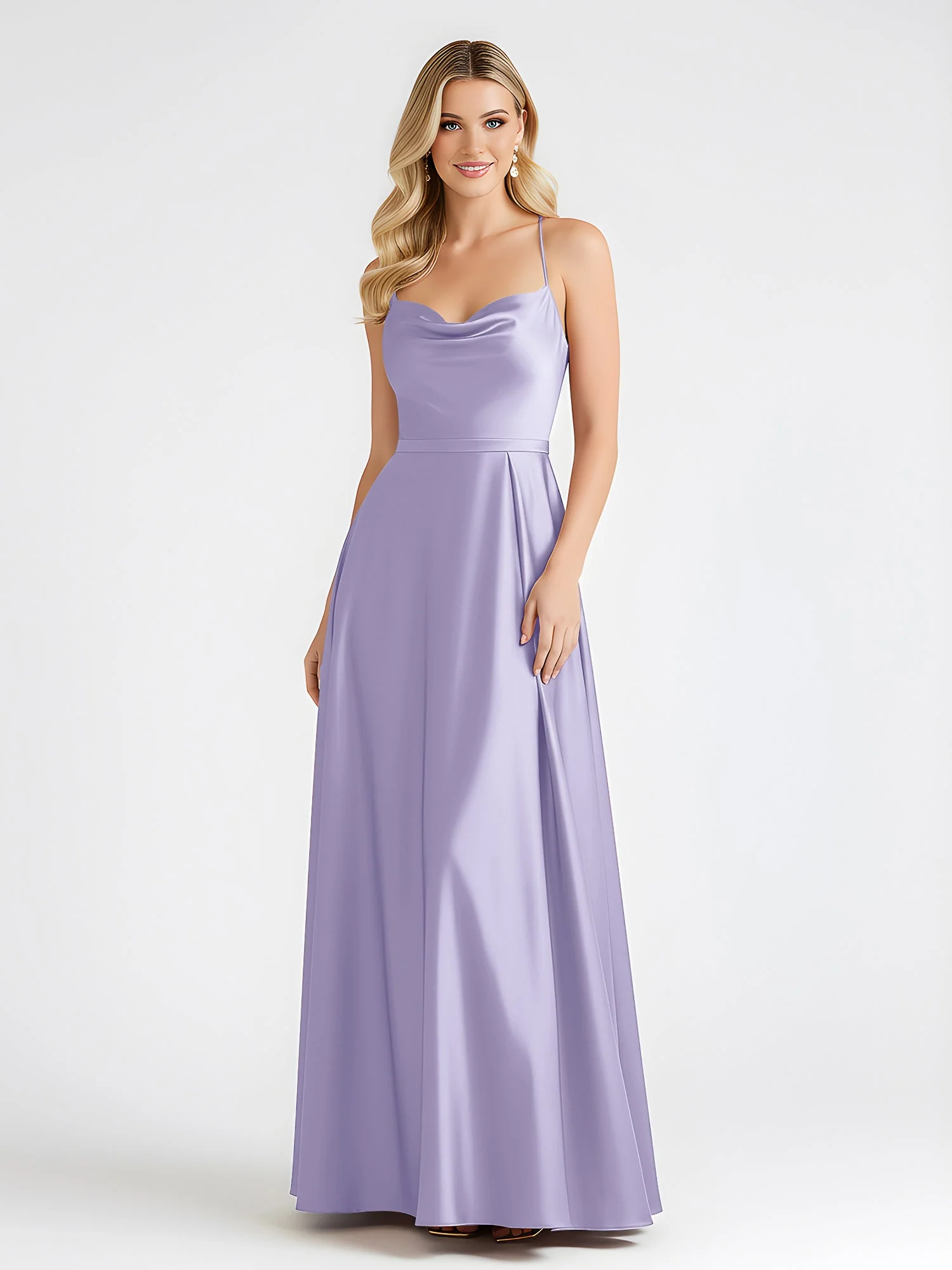 A-Linie Satin Bodenlang Cowl Ausschnitt Gerafft Kleid Lavendel - Image 3