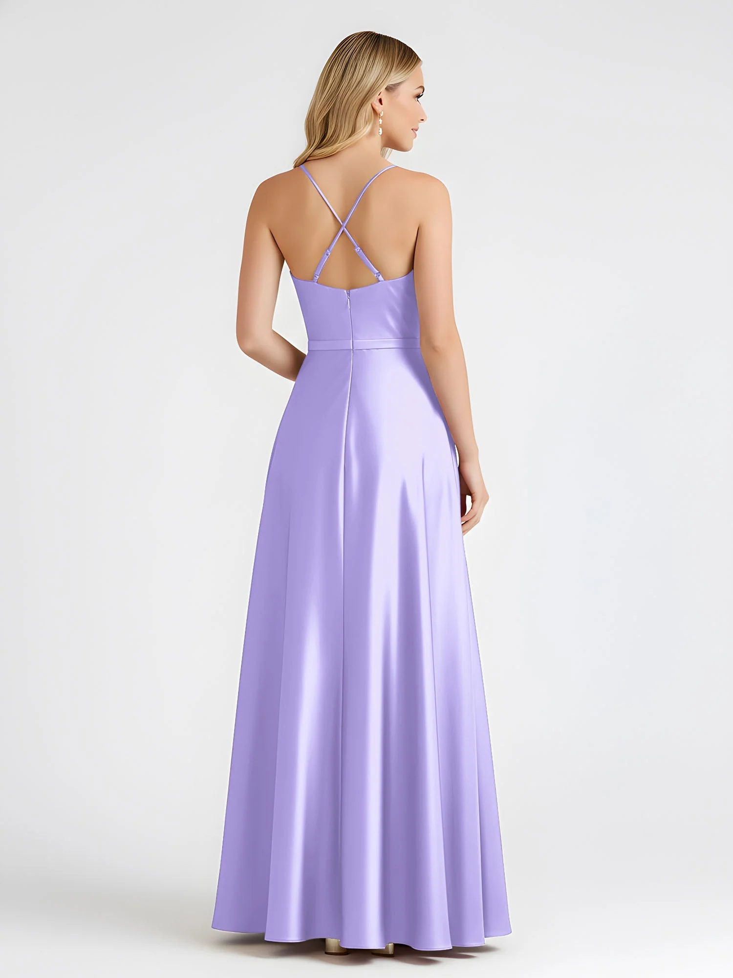A-Linie Satin Bodenlang Cowl Ausschnitt Gerafft Kleid Lila - Image 2