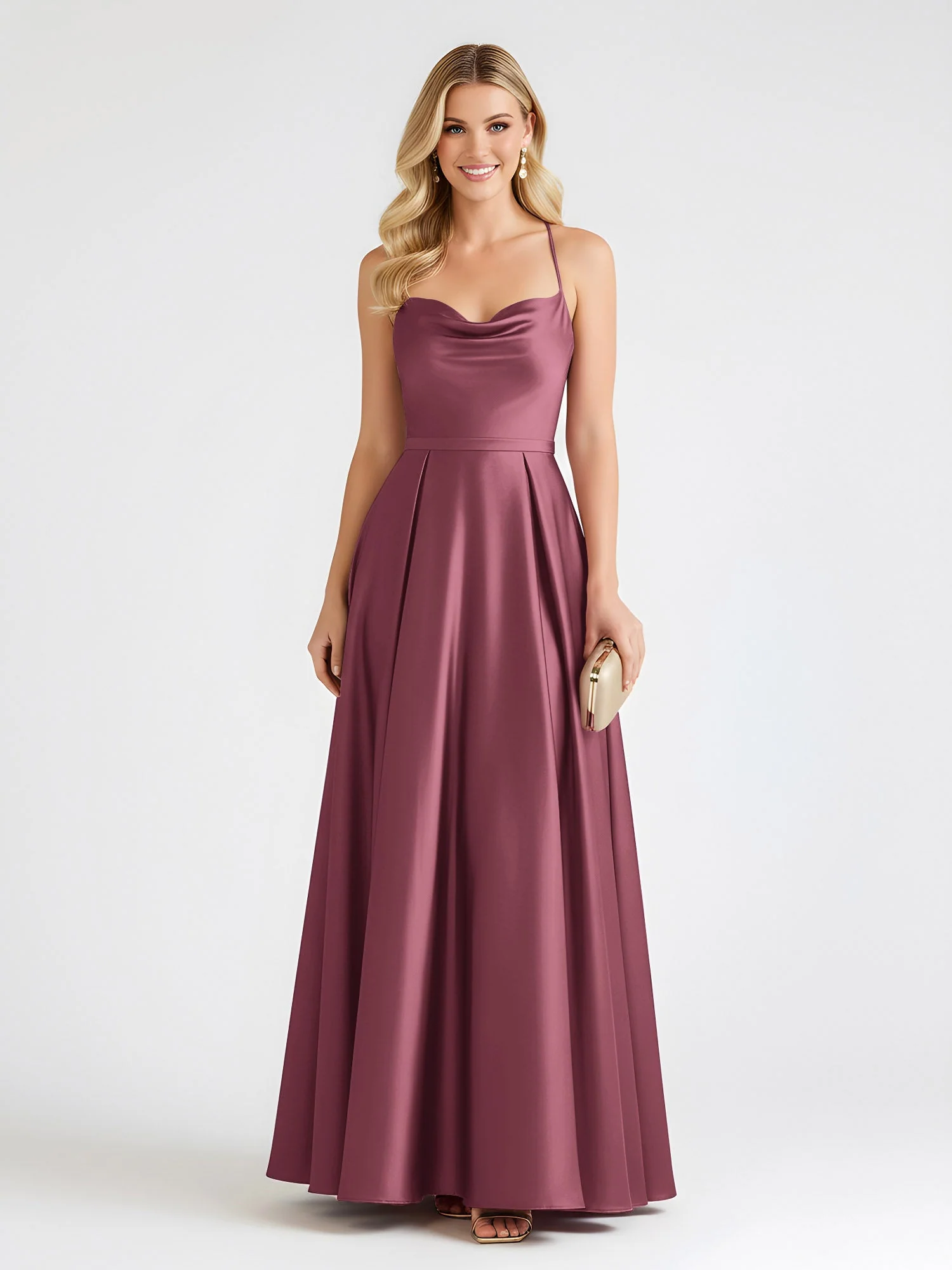 A-Linie Satin Bodenlang Cowl Ausschnitt Gerafft Kleid Maulbeere