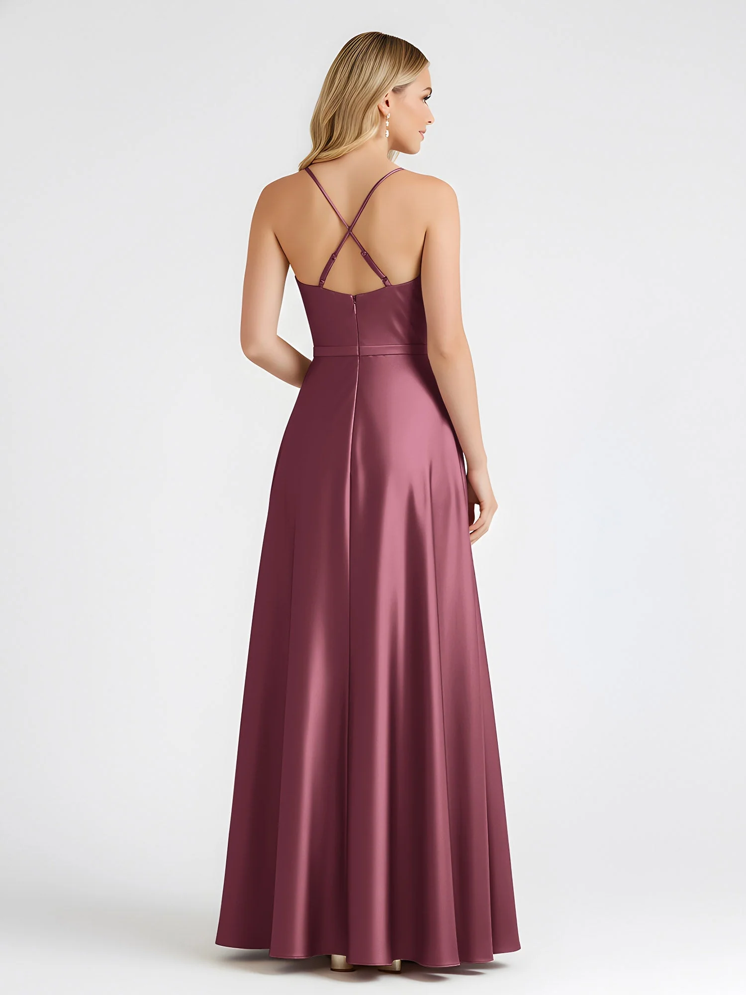 A-Linie Satin Bodenlang Cowl Ausschnitt Gerafft Kleid Maulbeere - Image 2