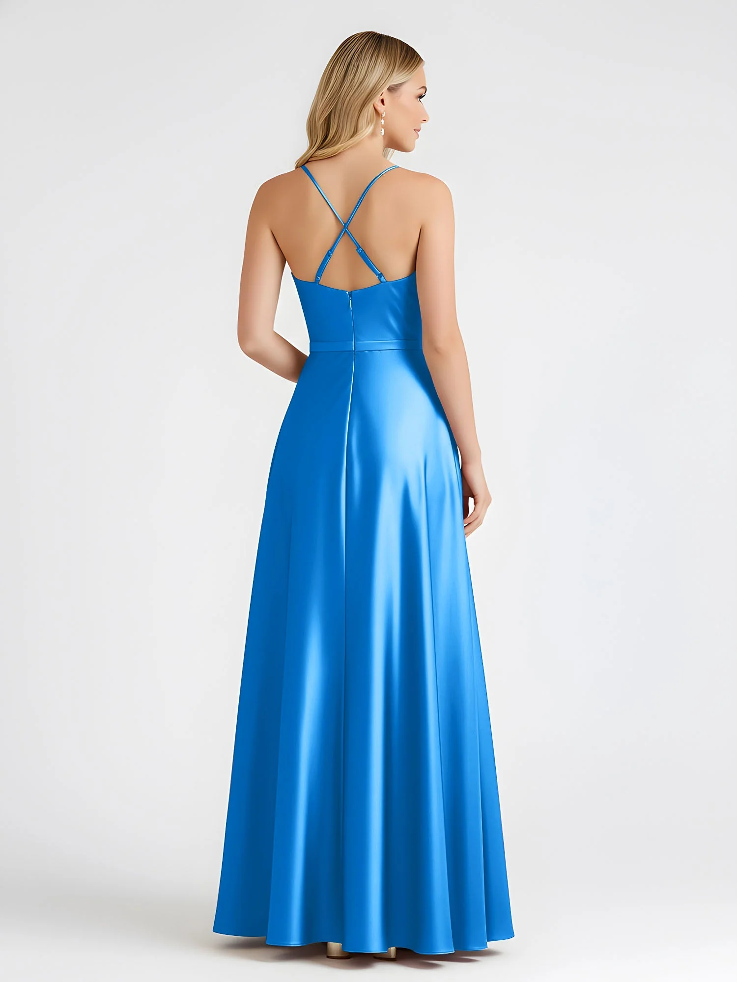 A-Linie Satin Bodenlang Cowl Ausschnitt Gerafft Kleid Meerblau - Image 2