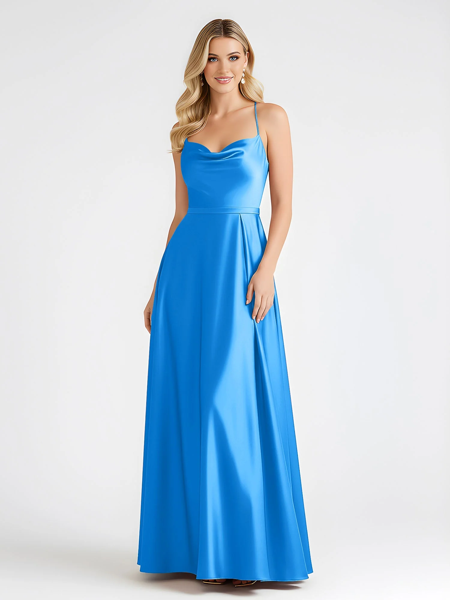 A-Linie Satin Bodenlang Cowl Ausschnitt Gerafft Kleid Meerblau - Image 3