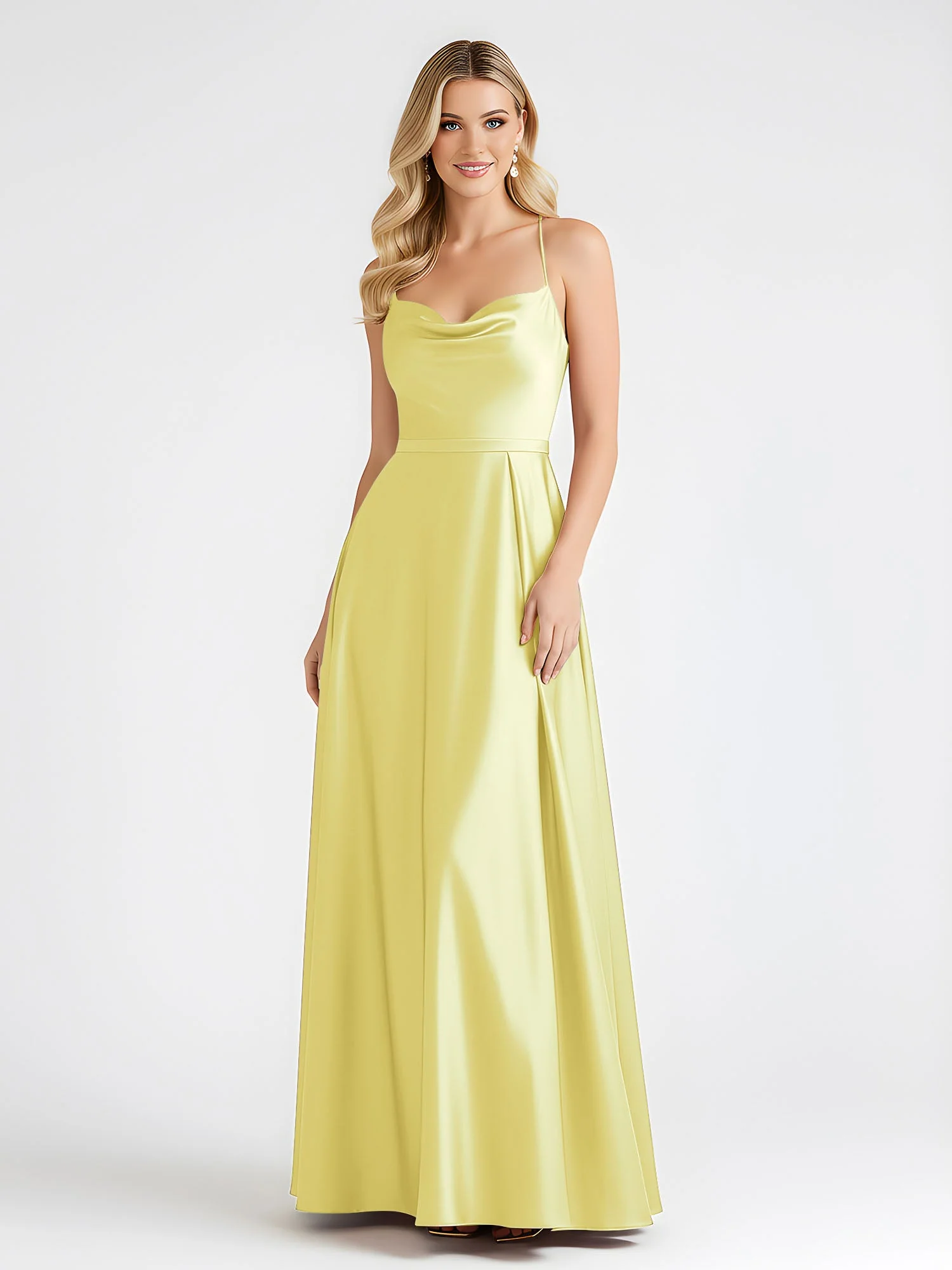 A-Linie Satin Bodenlang Cowl Ausschnitt Gerafft Kleid Narzisse - Image 3