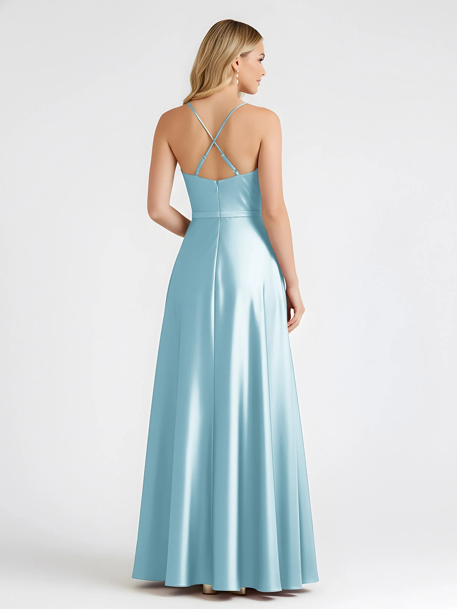 A-Linie Satin Bodenlang Cowl Ausschnitt Gerafft Kleid Nebel - Image 2