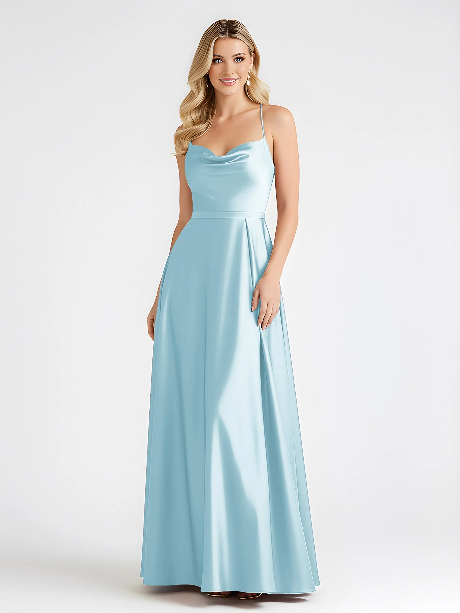 A-Linie Satin Bodenlang Cowl Ausschnitt Gerafft Kleid Nebel - Image 3