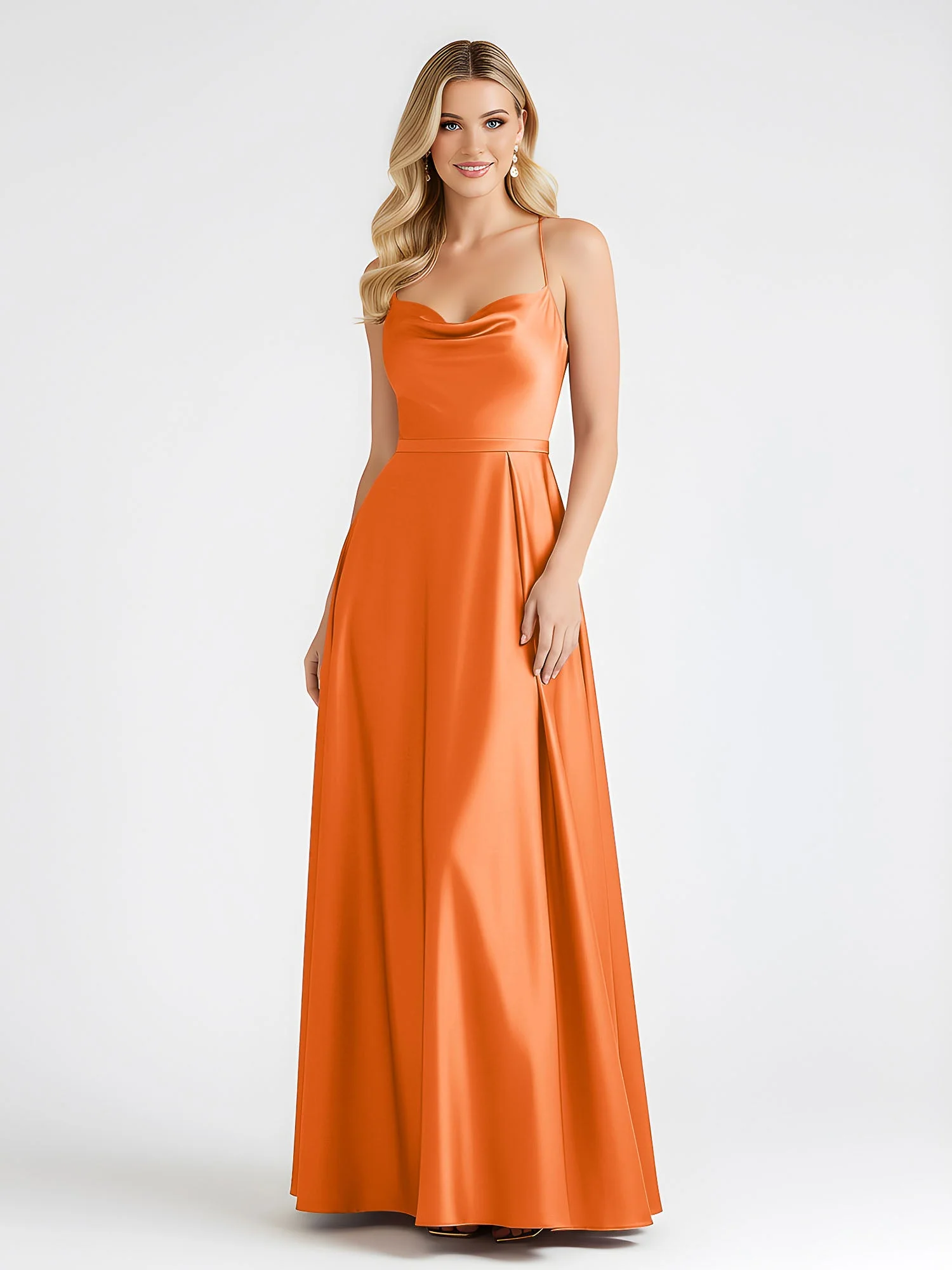 A-Linie Satin Bodenlang Cowl Ausschnitt Gerafft Kleid Orange - Image 3