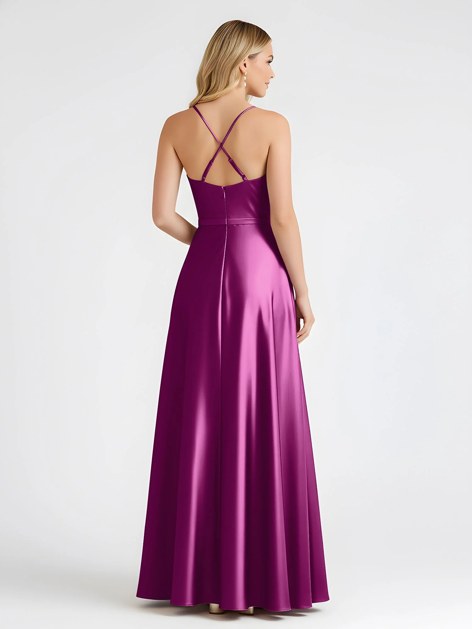 A-Linie Satin Bodenlang Cowl Ausschnitt Gerafft Kleid Orchidee - Image 2