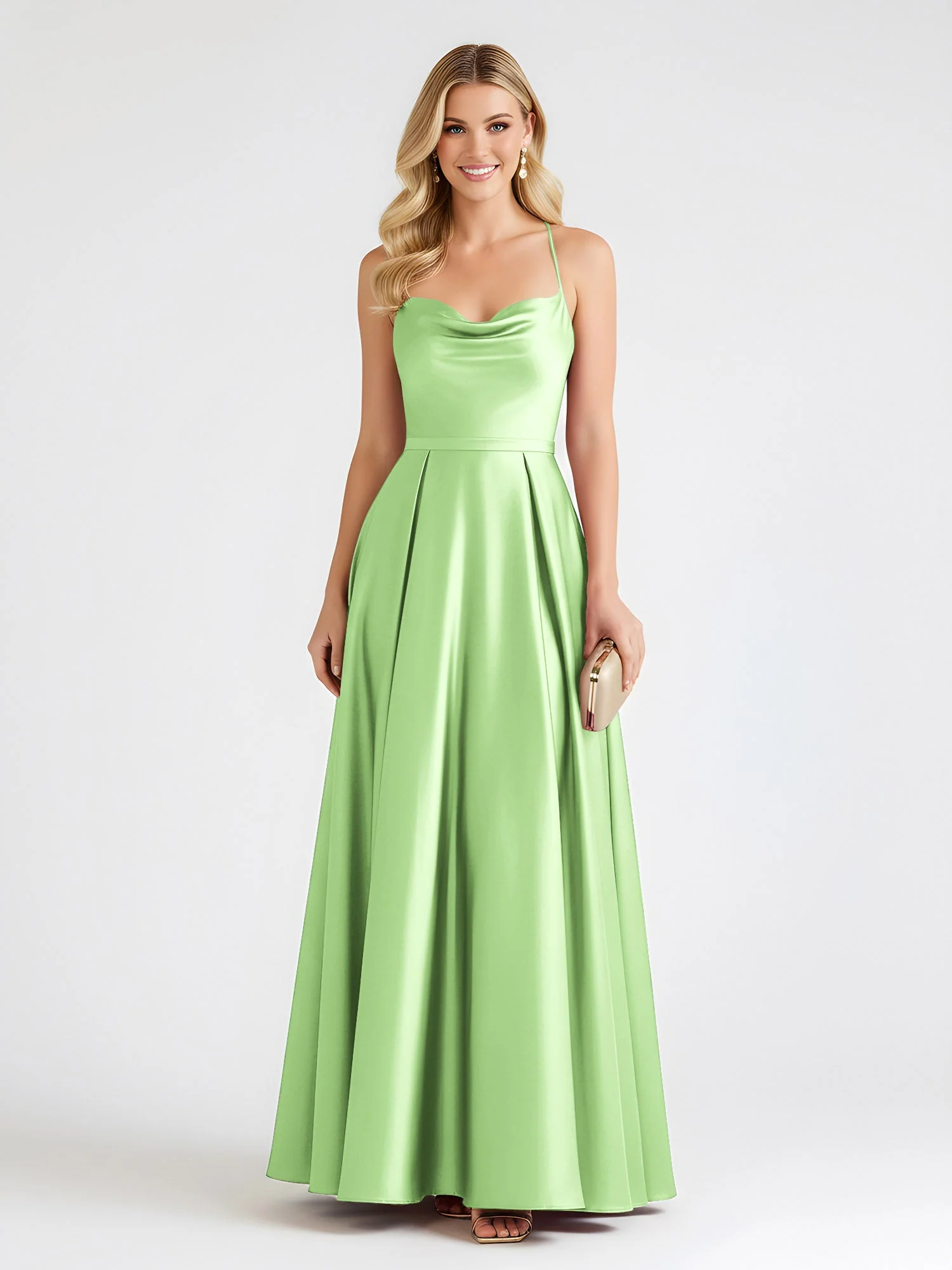 A-Linie Satin Bodenlang Cowl Ausschnitt Gerafft Kleid Salbei