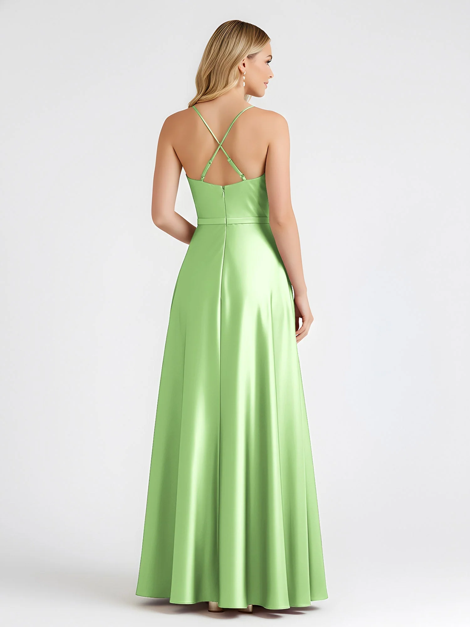 A-Linie Satin Bodenlang Cowl Ausschnitt Gerafft Kleid Salbei - Image 2