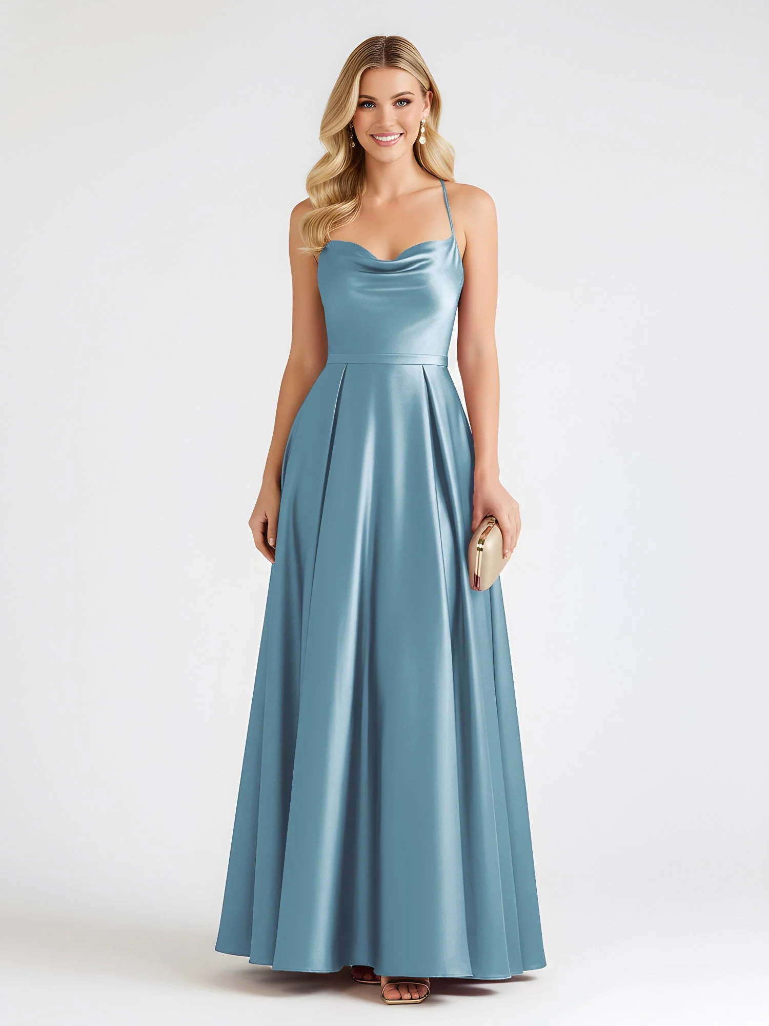 A-Linie Satin Bodenlang Cowl Ausschnitt Gerafft Kleid Schiefer Blau