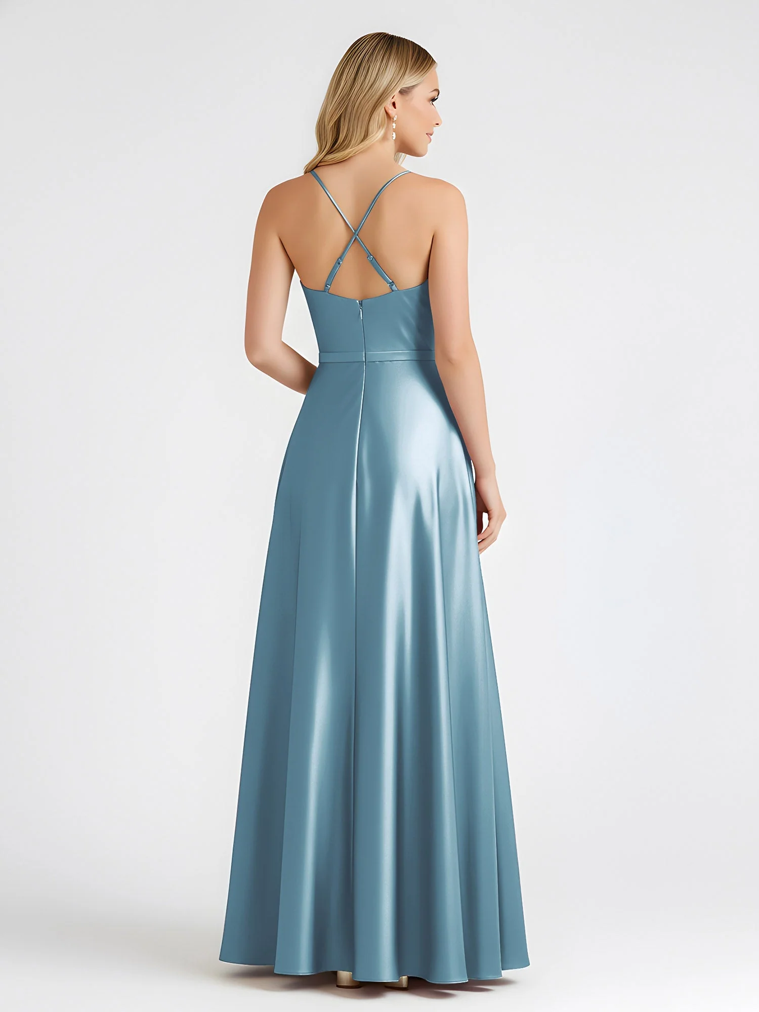 A-Linie Satin Bodenlang Cowl Ausschnitt Gerafft Kleid Schiefer Blau - Image 2