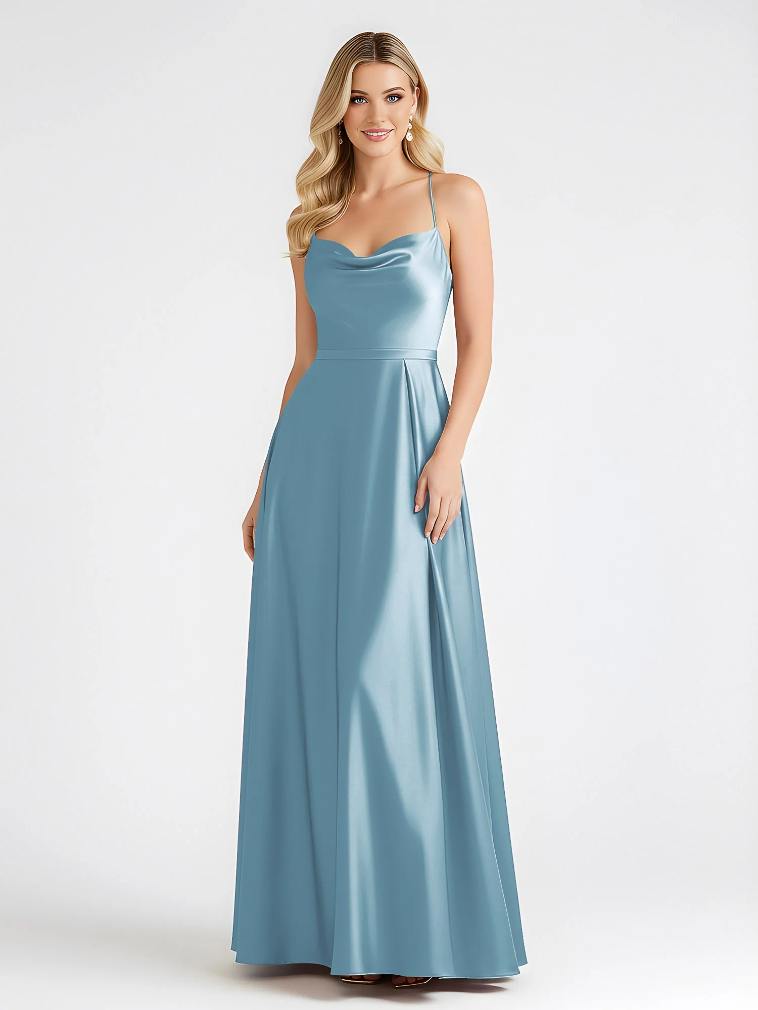 A-Linie Satin Bodenlang Cowl Ausschnitt Gerafft Kleid Schiefer Blau - Image 3