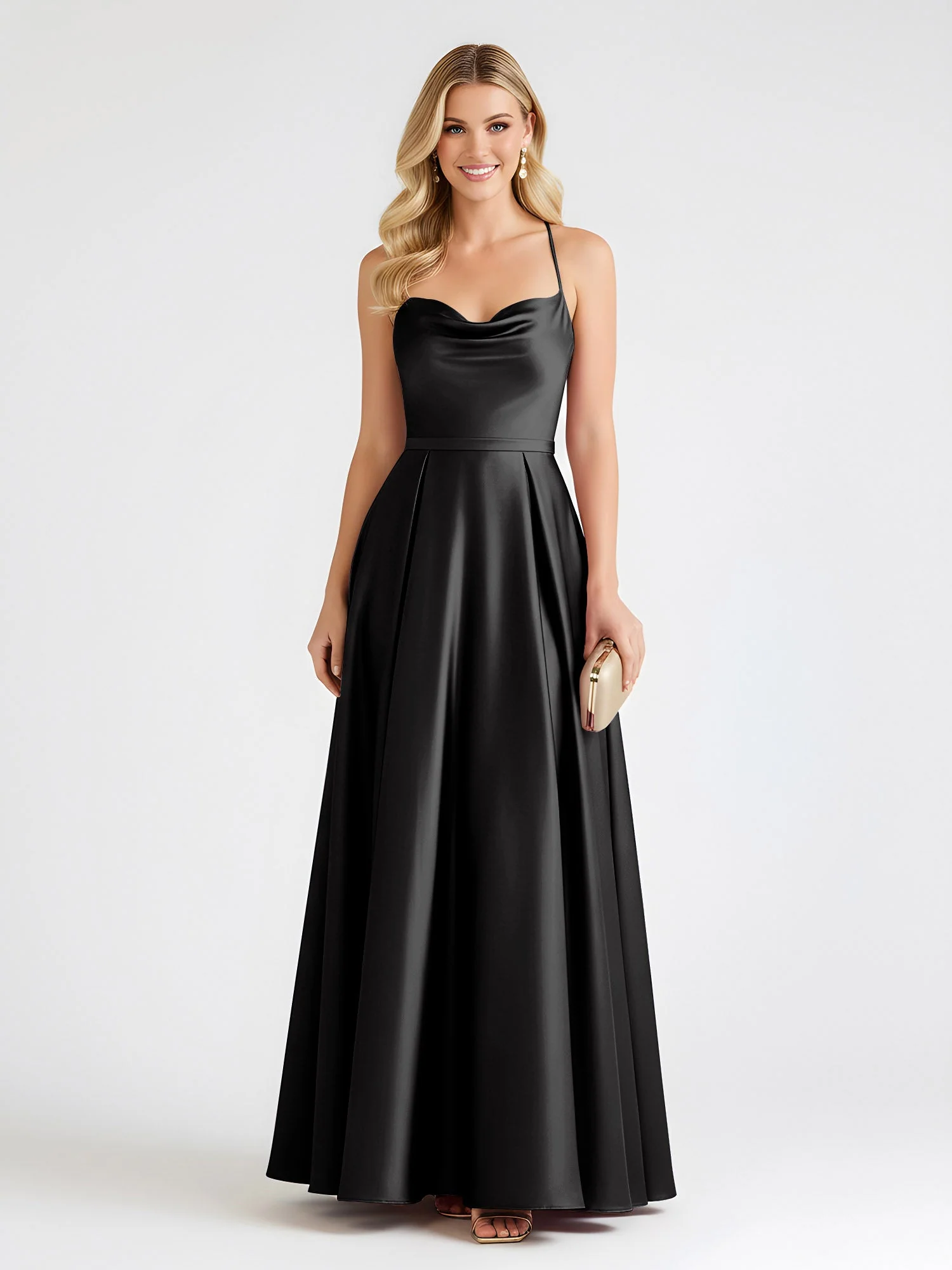A-Linie Satin Bodenlang Cowl Ausschnitt Gerafft Kleid Schwarz