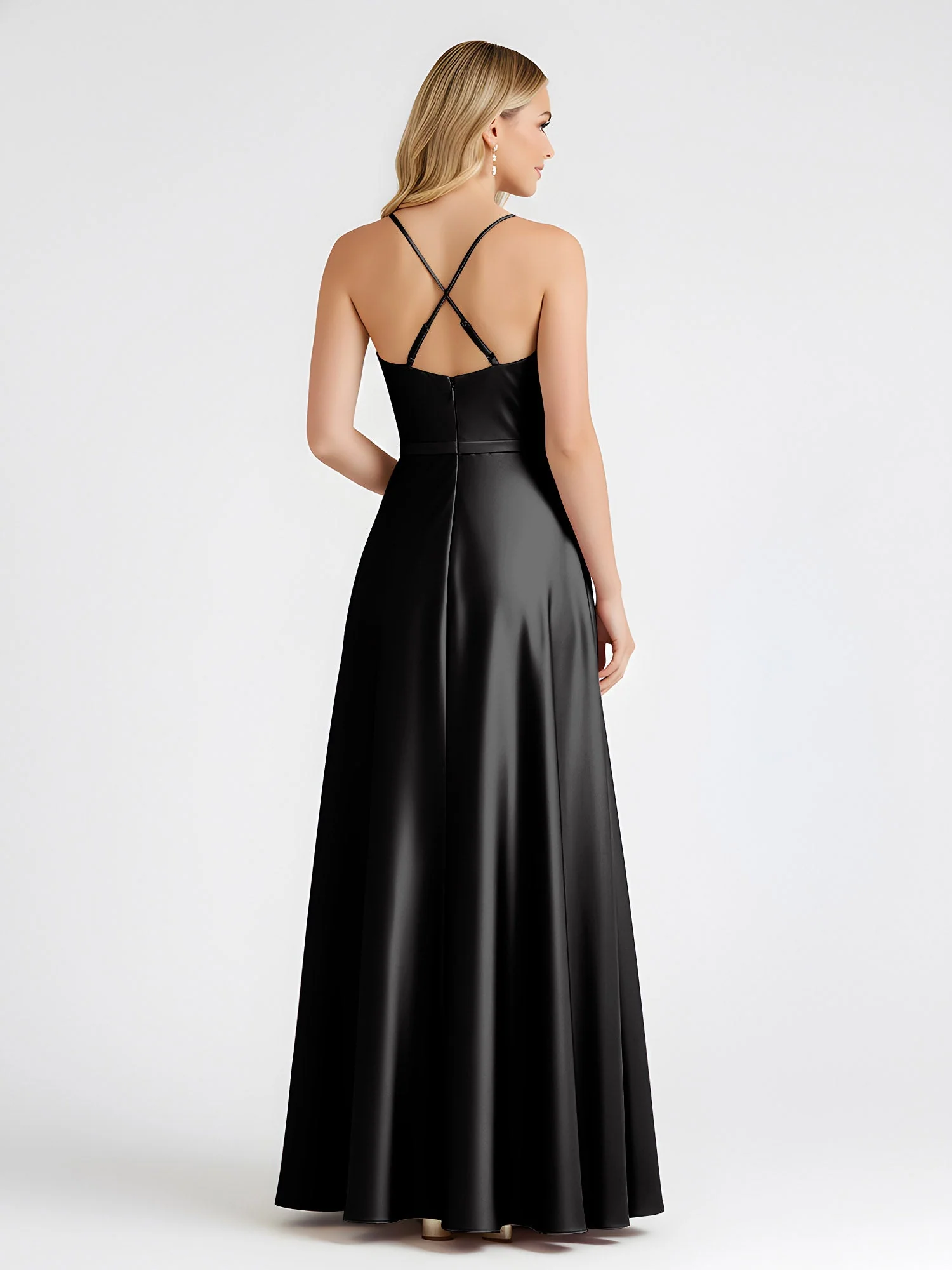 A-Linie Satin Bodenlang Cowl Ausschnitt Gerafft Kleid Schwarz - Image 2