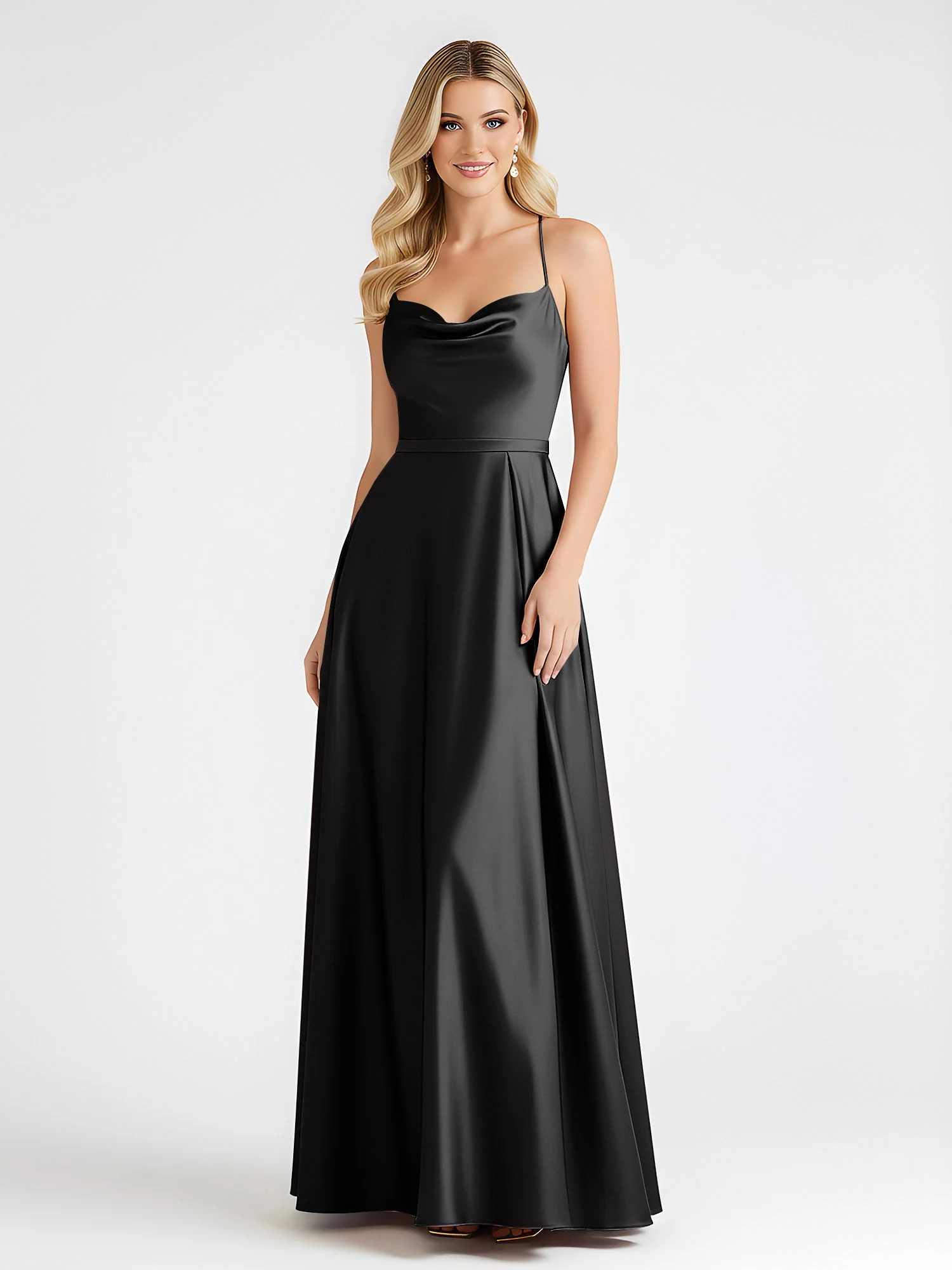A-Linie Satin Bodenlang Cowl Ausschnitt Gerafft Kleid Schwarz - Image 3