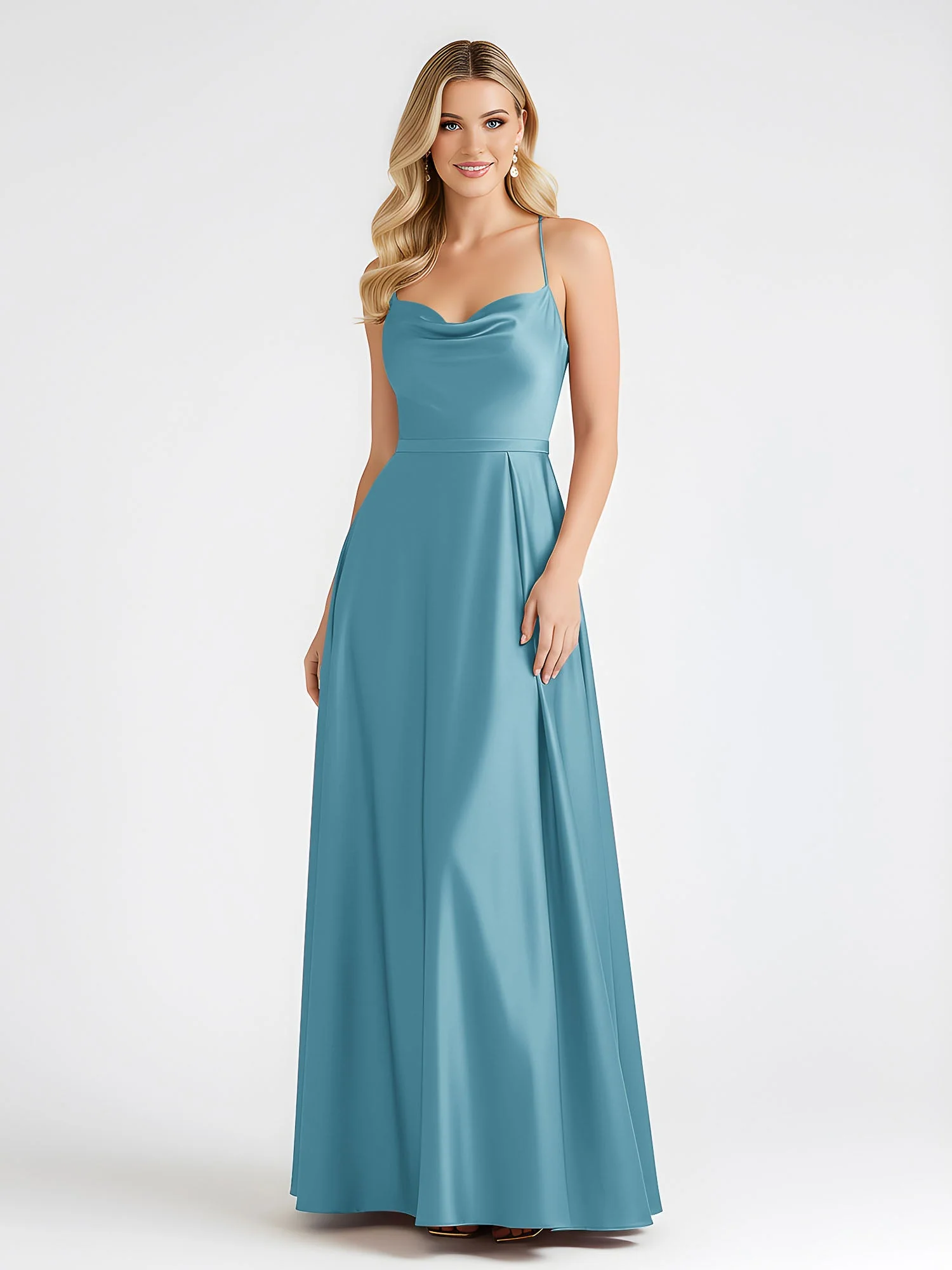 A-Linie Satin Bodenlang Cowl Ausschnitt Gerafft Kleid Schwimmbadblau - Image 3
