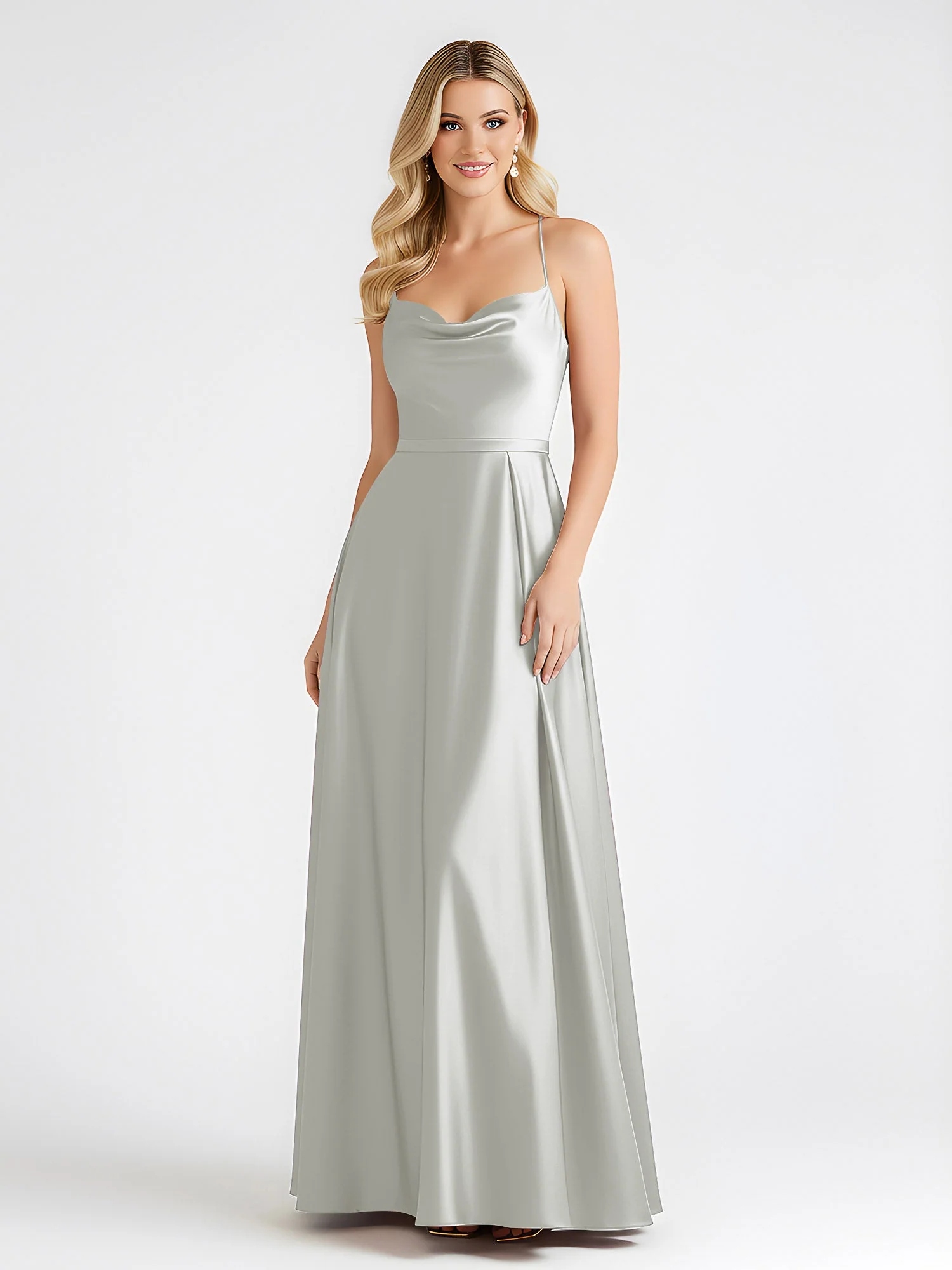 A-Linie Satin Bodenlang Cowl Ausschnitt Gerafft Kleid Silber - Image 3