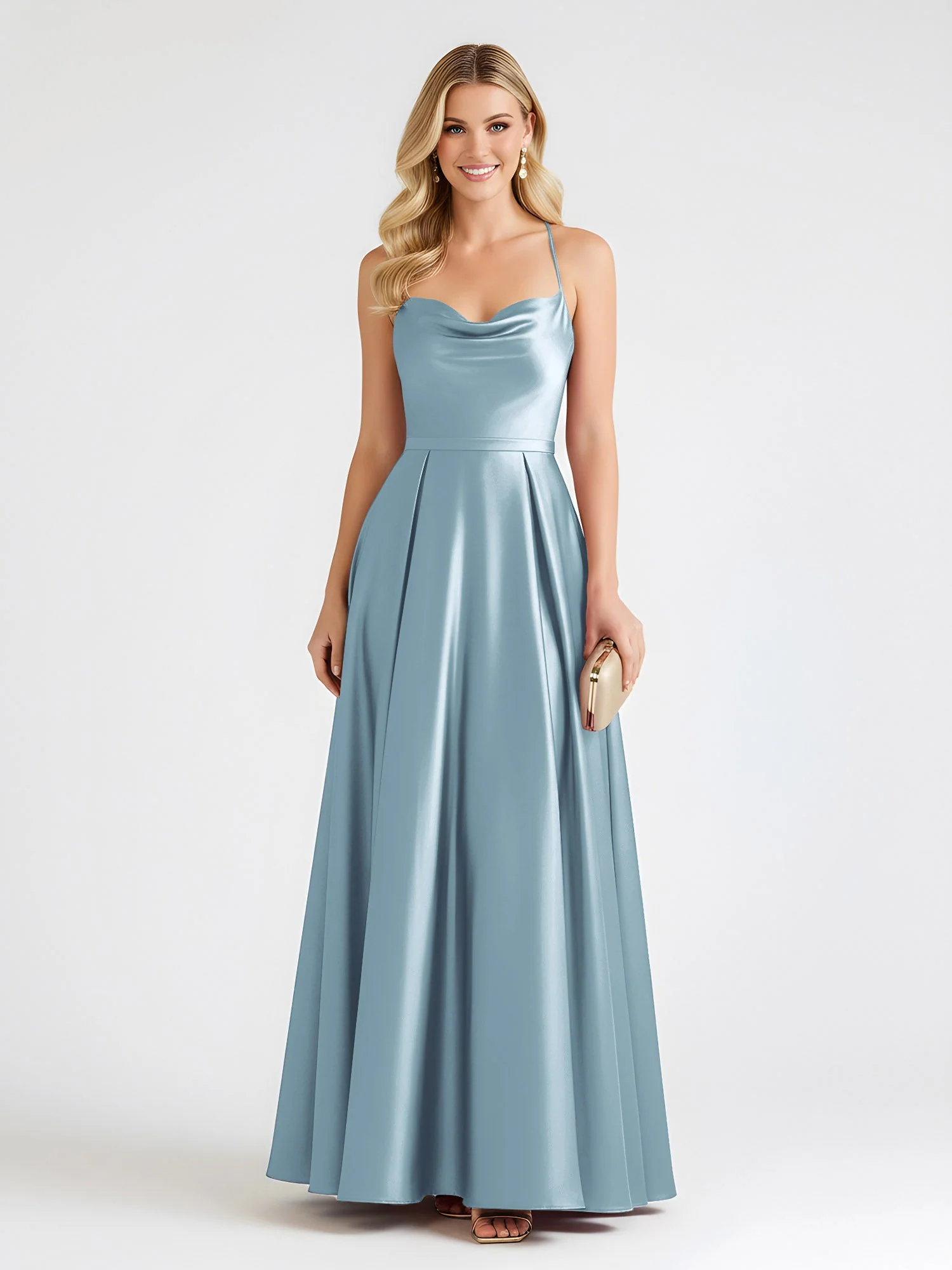 A-Linie Satin Bodenlang Cowl Ausschnitt Gerafft Kleid Staubiges Blau
