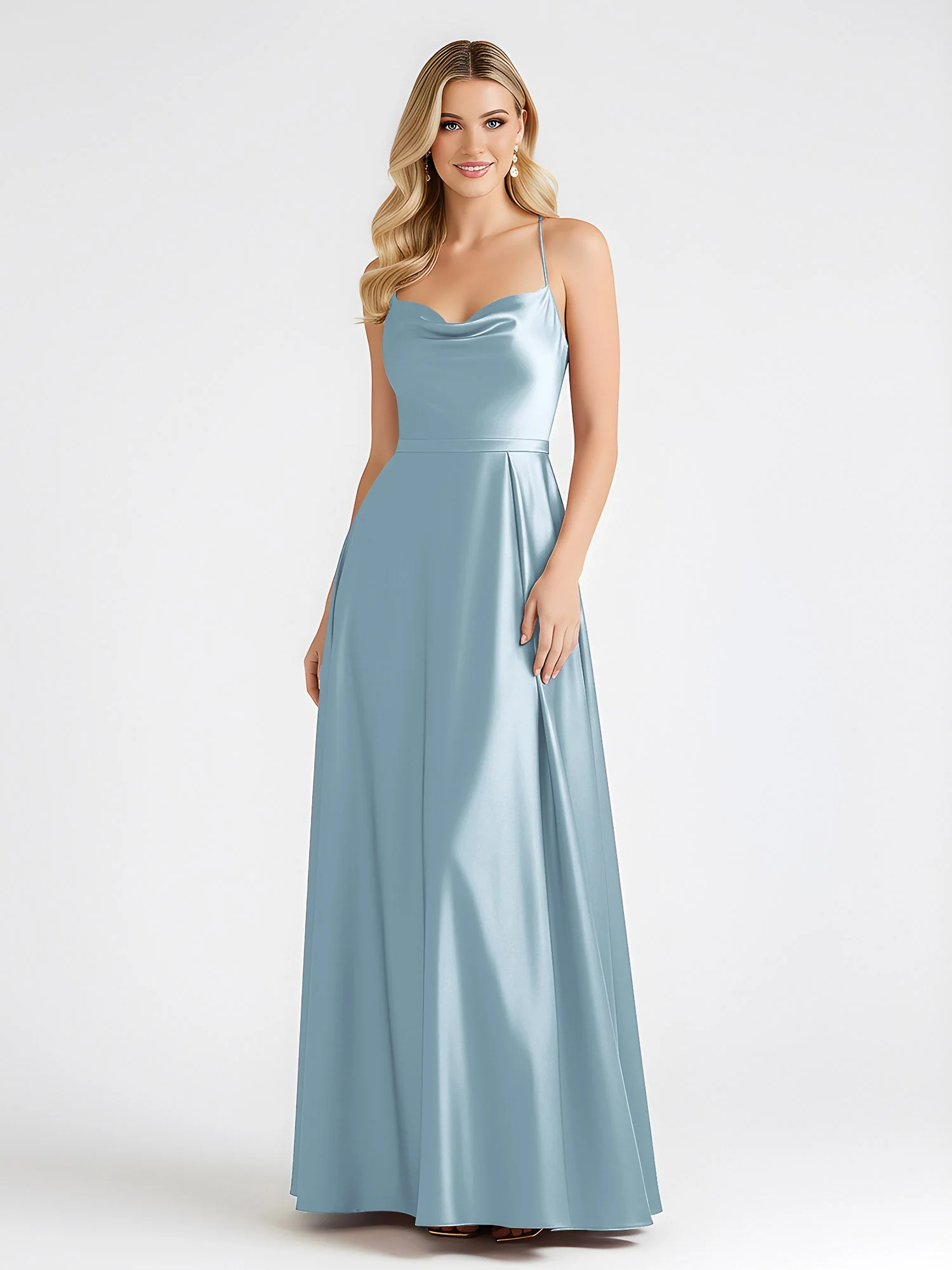 A-Linie Satin Bodenlang Cowl Ausschnitt Gerafft Kleid Staubiges Blau - Image 3
