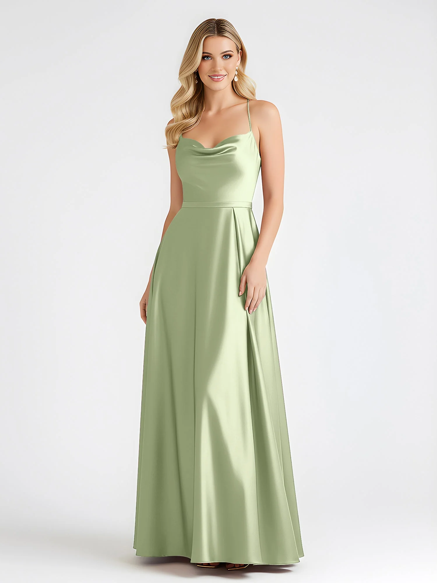 A-Linie Satin Bodenlang Cowl Ausschnitt Gerafft Kleid Staubiges Salbei - Image 3