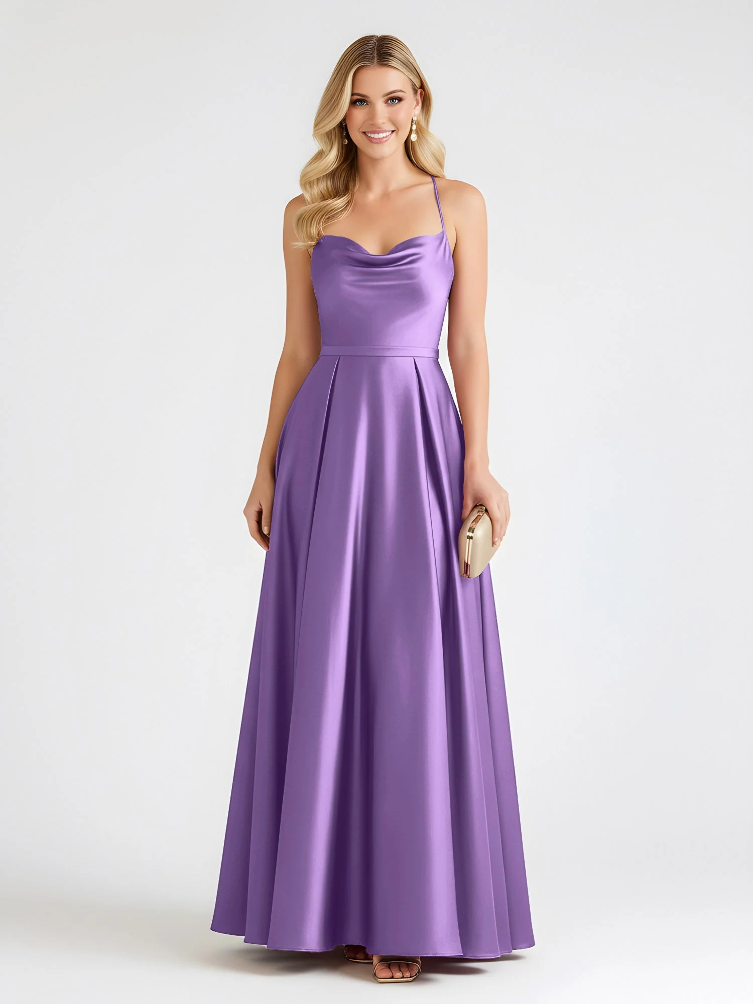 A-Linie Satin Bodenlang Cowl Ausschnitt Gerafft Kleid Tahiti