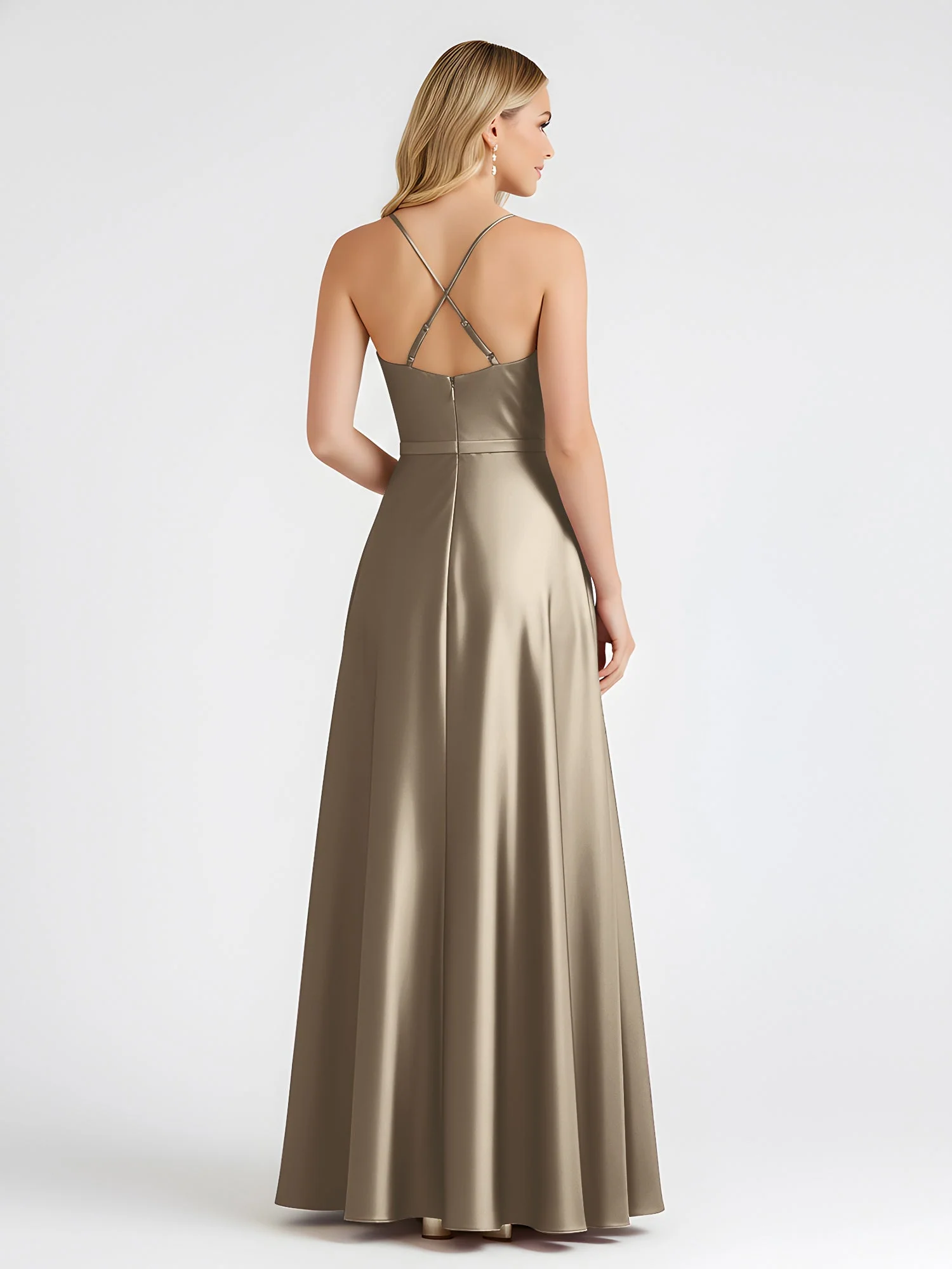 A-Linie Satin Bodenlang Cowl Ausschnitt Gerafft Kleid Taupe - Image 2