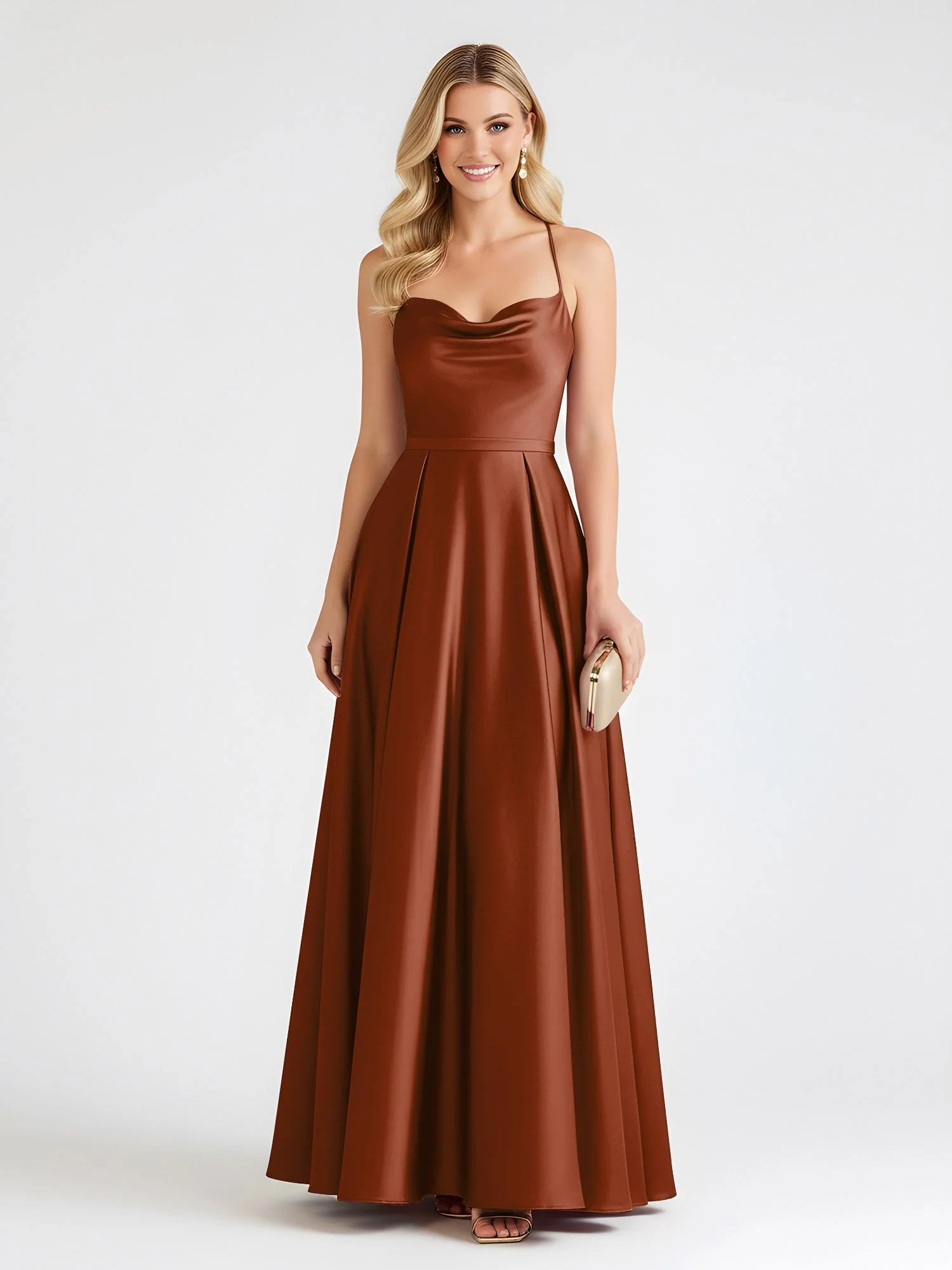 A-Linie Satin Bodenlang Cowl Ausschnitt Gerafft Kleid Terrakotta