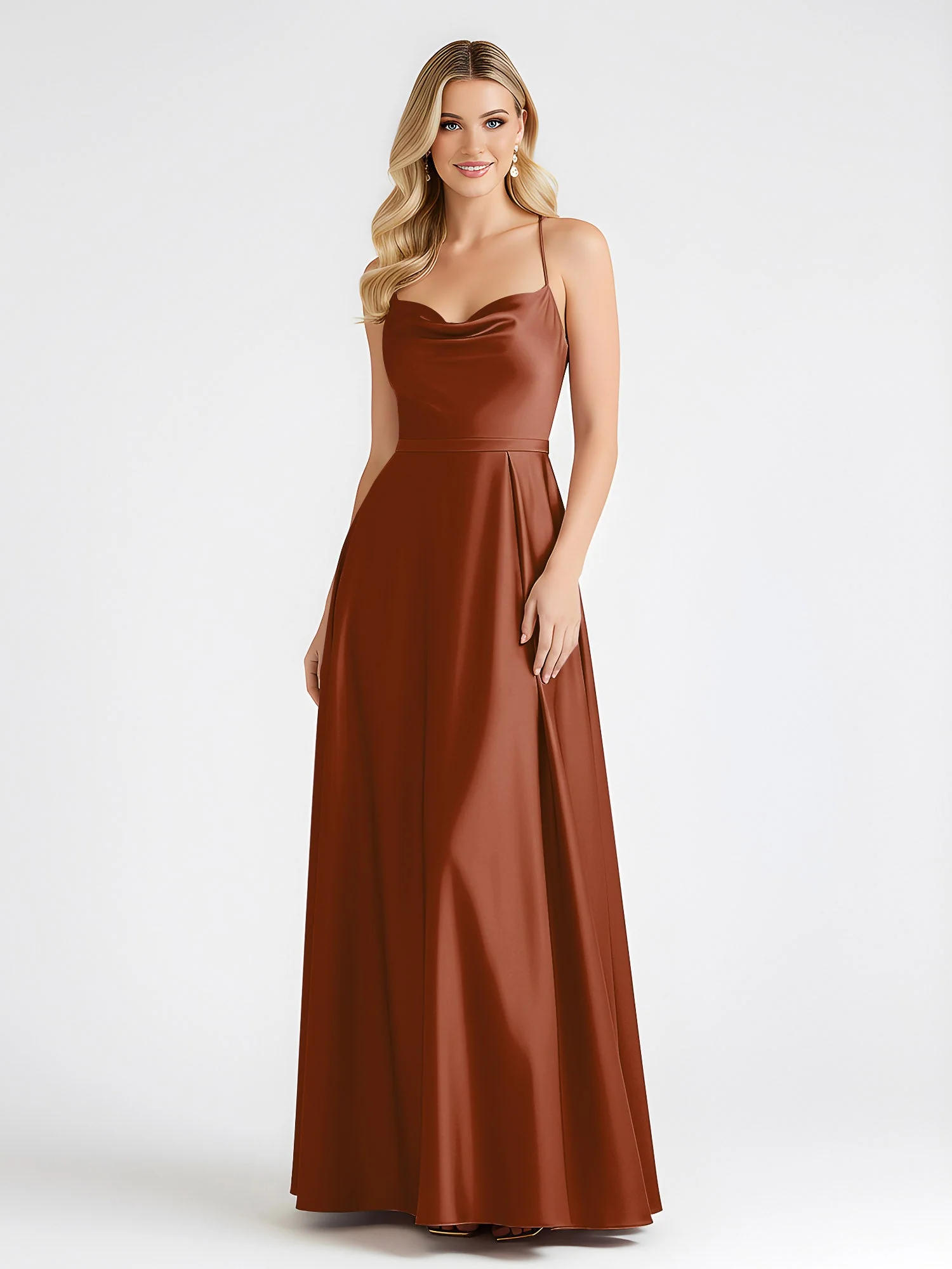 A-Linie Satin Bodenlang Cowl Ausschnitt Gerafft Kleid Terrakotta - Image 3