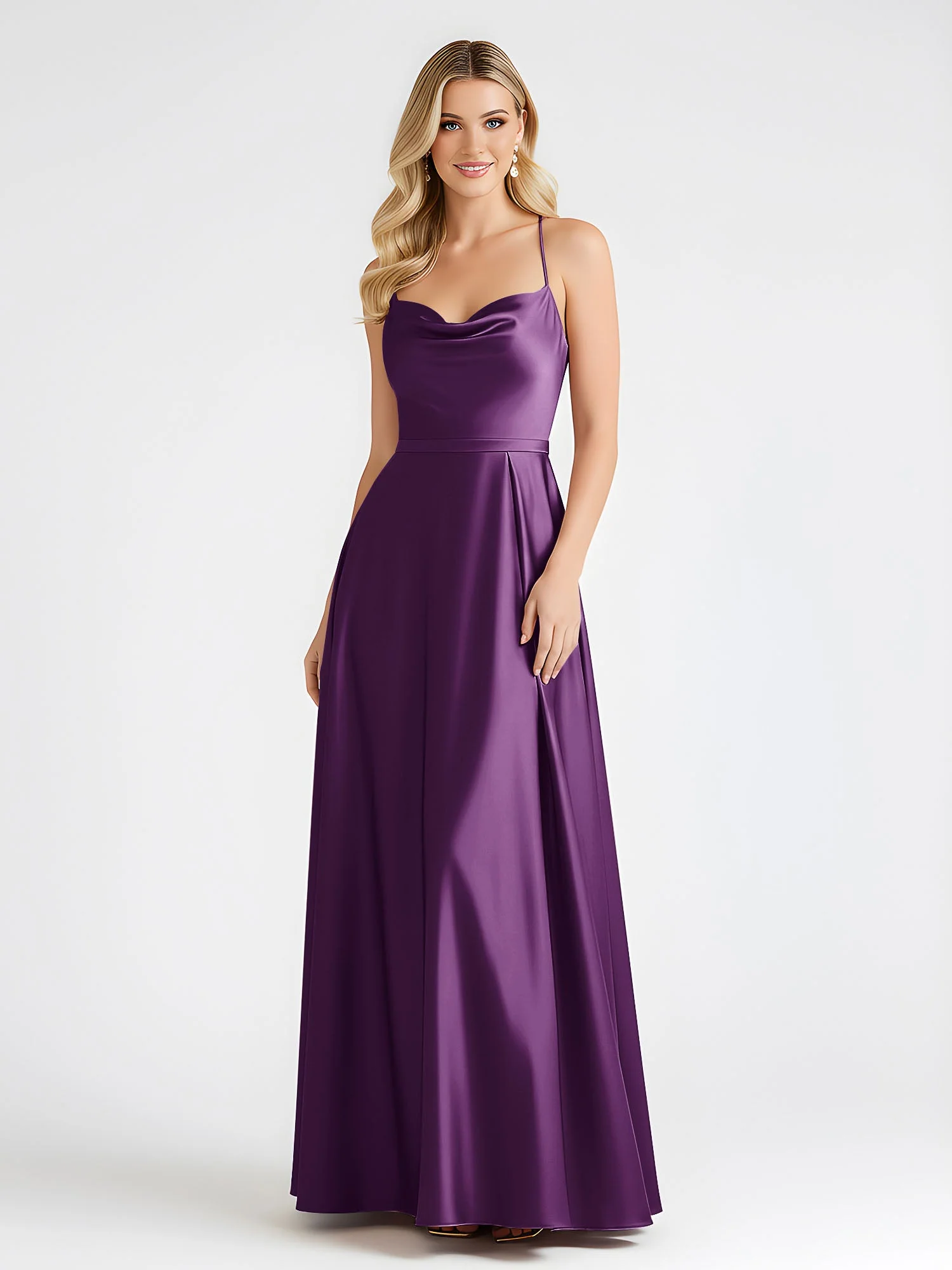 A-Linie Satin Bodenlang Cowl Ausschnitt Gerafft Kleid Traube - Image 3