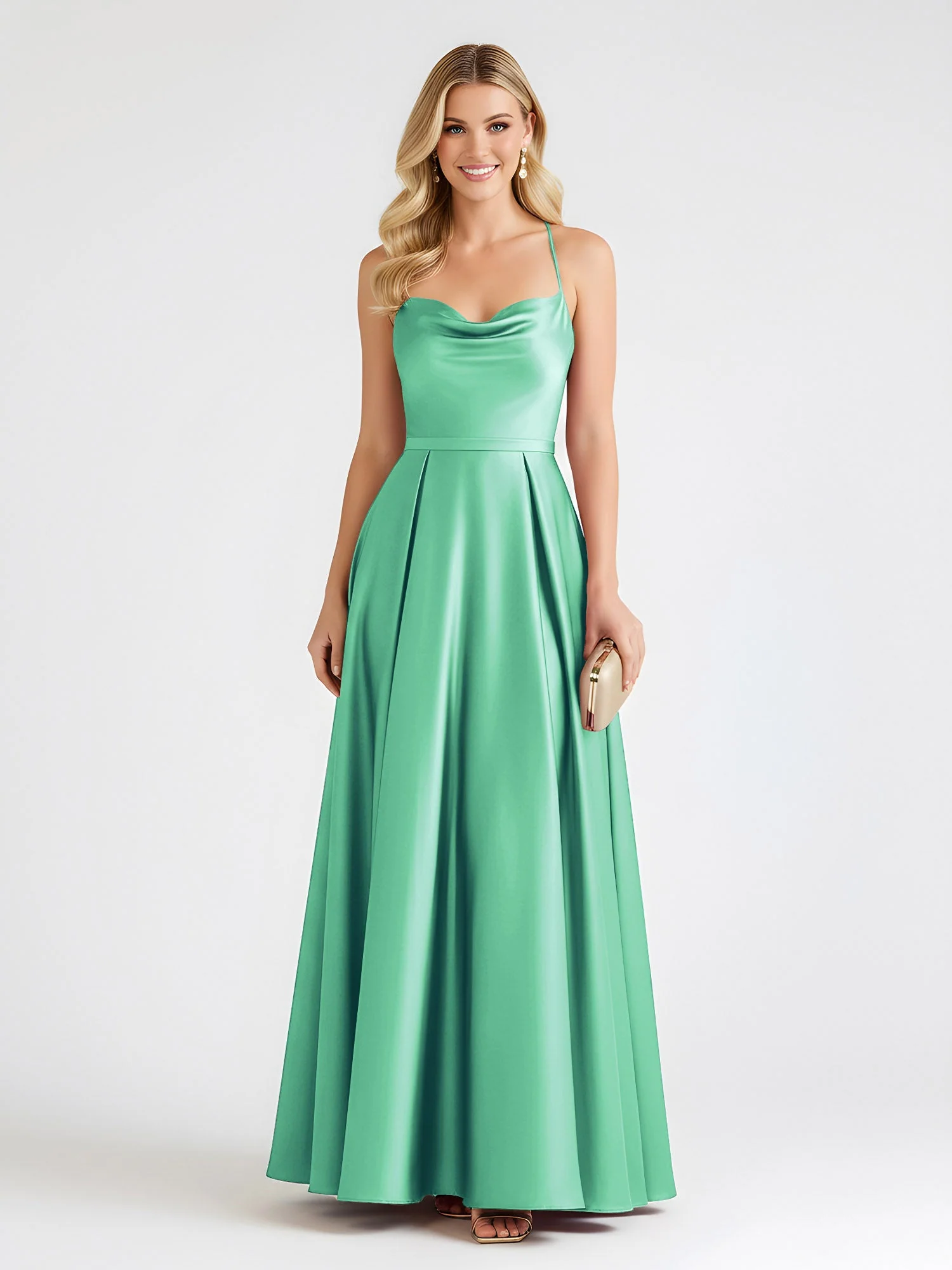 A-Linie Satin Bodenlang Cowl Ausschnitt Gerafft Kleid Türkis