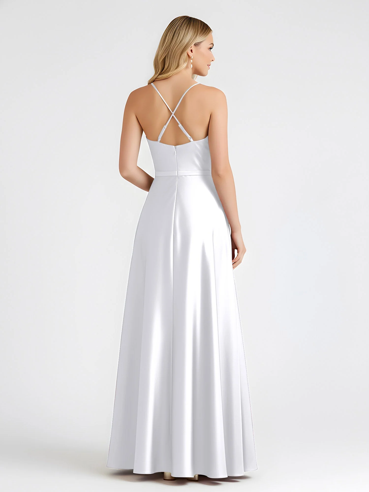 A-Linie Satin Bodenlang Cowl Ausschnitt Gerafft Kleid Weiß - Image 2