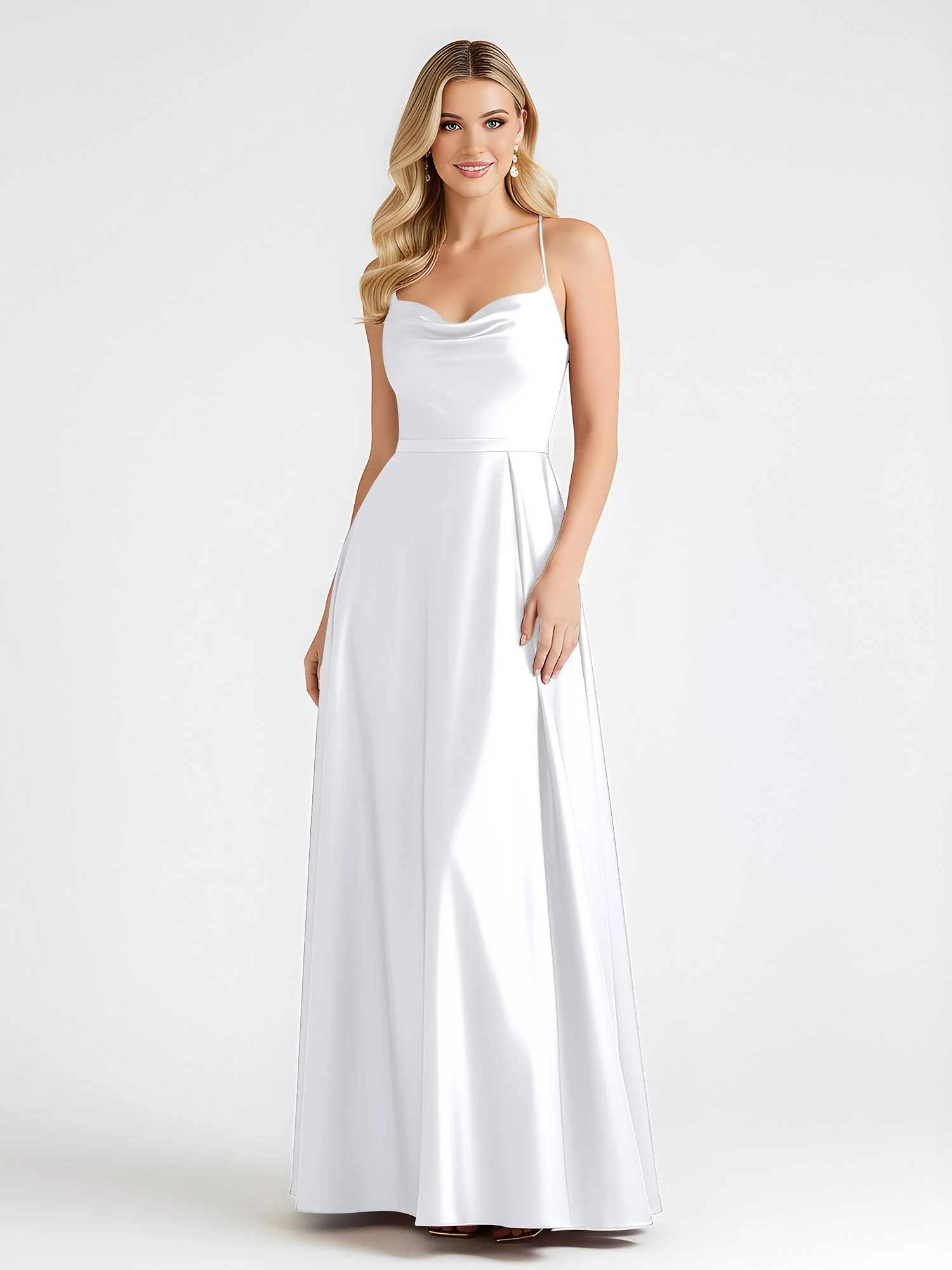 A-Linie Satin Bodenlang Cowl Ausschnitt Gerafft Kleid Weiß - Image 3