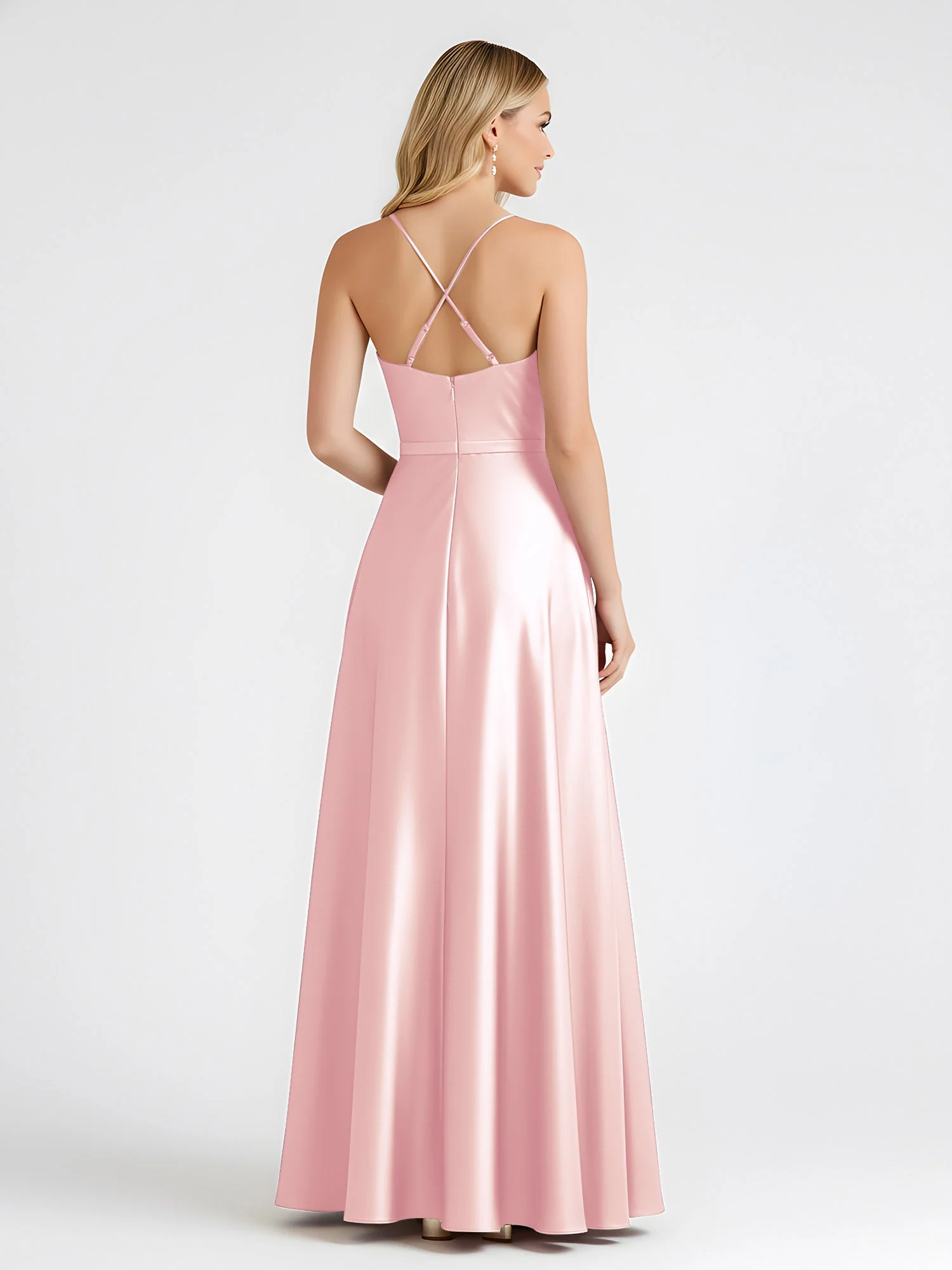 A-Linie Satin Bodenlang Cowl Ausschnitt Gerafft Kleid Zartrosa - Image 2