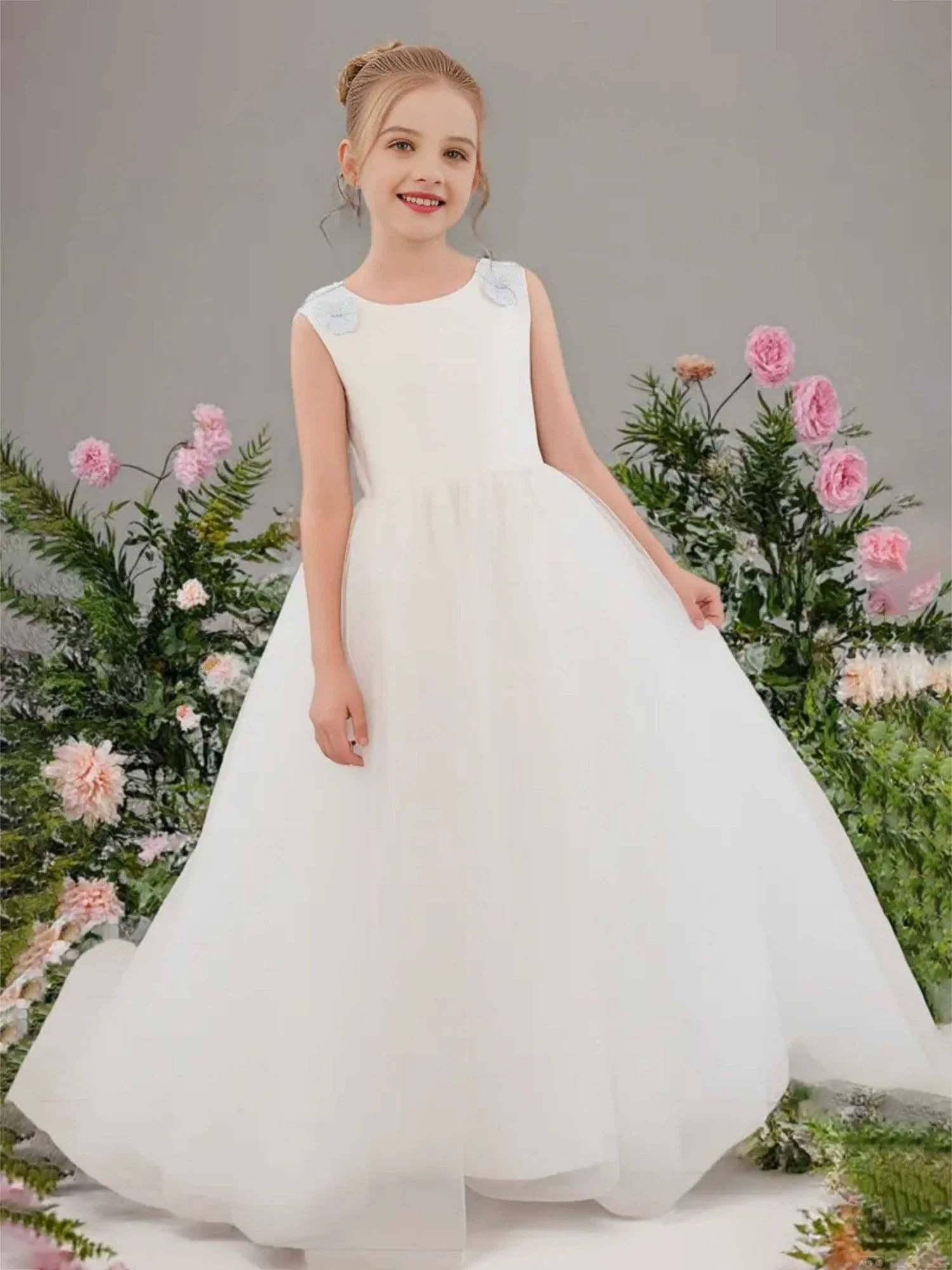 Ballkleid Scoop Tüll Blumenmädchen Kleid mit Schleife Elfenbein