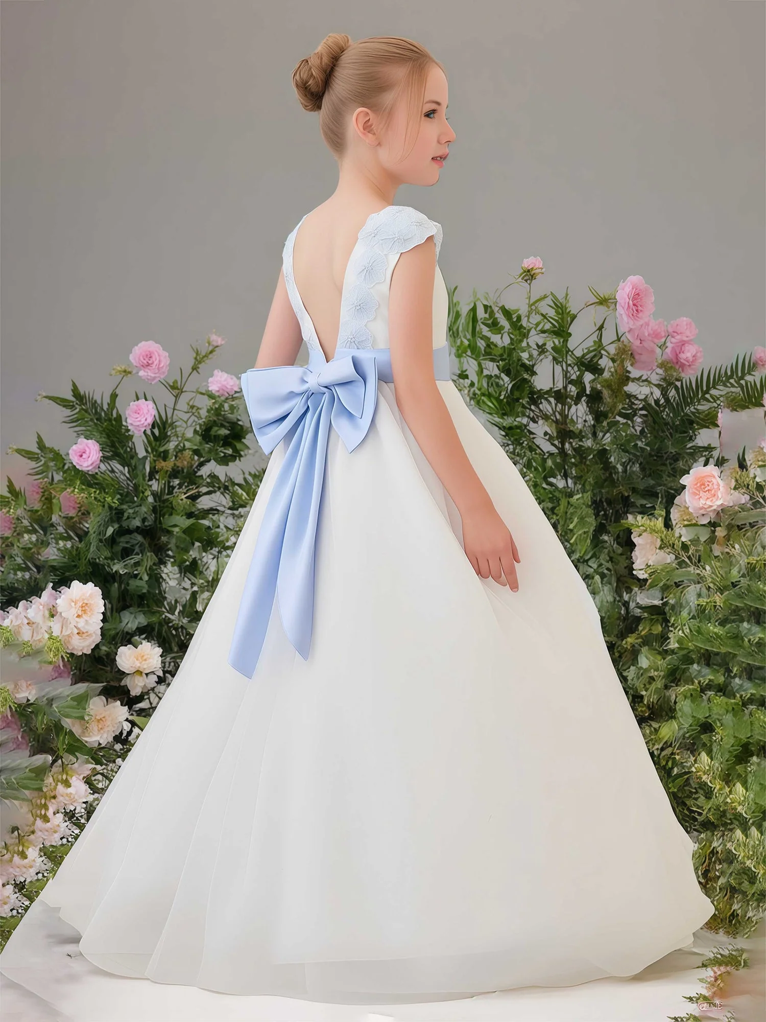 Ballkleid Scoop Tüll Blumenmädchen Kleid mit Schleife Elfenbein - Image 2