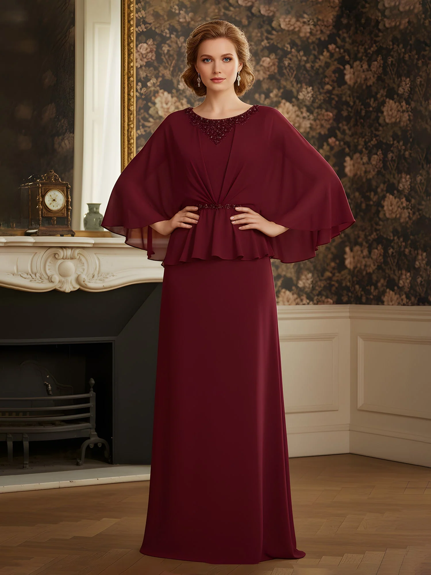 Strass Scoop Ausschnitt Chiffon Bodenlang Kleid Minzgrün