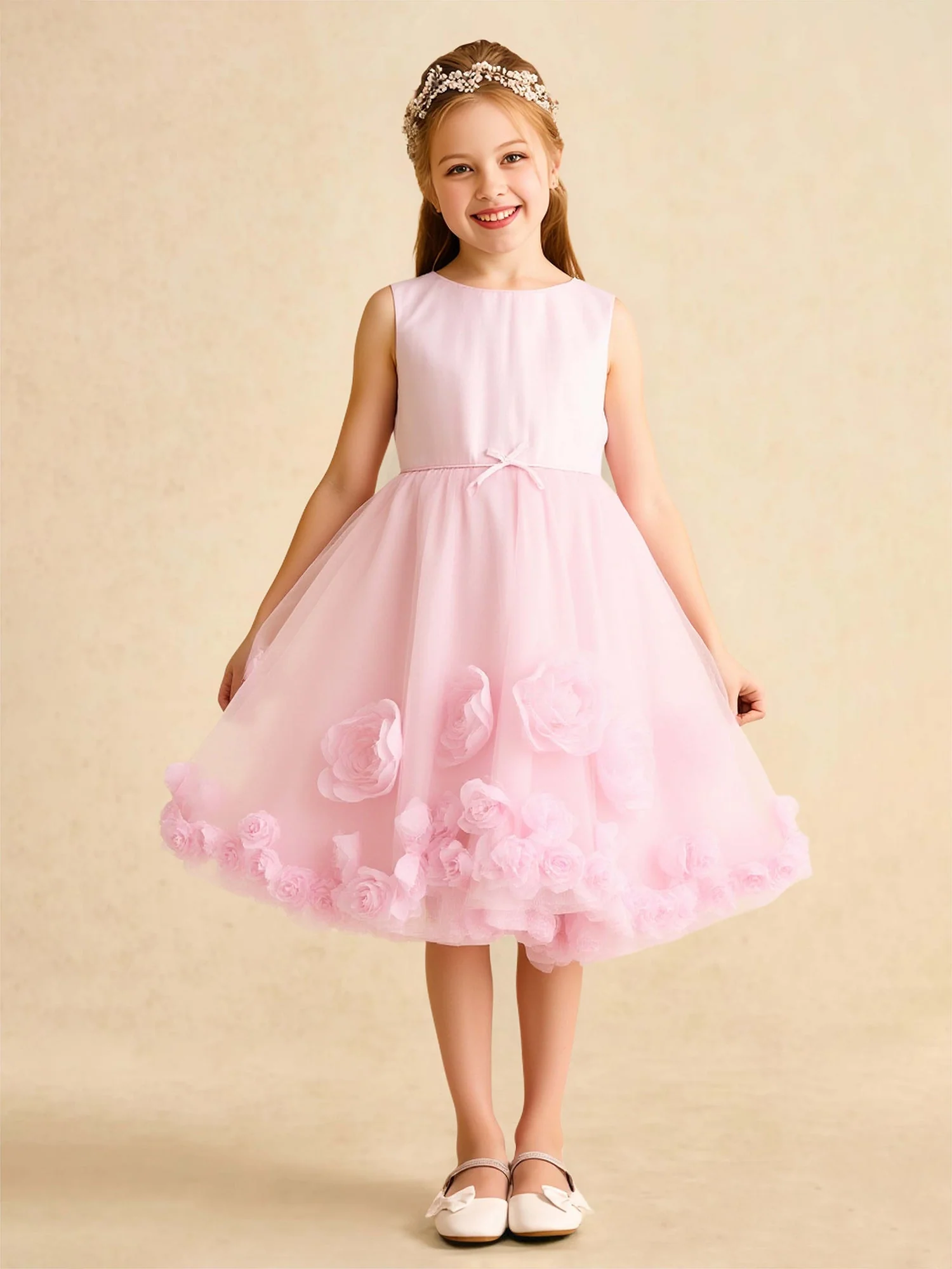 Scoop Ausschnitt 3D Blume A-Linie Tüll Blumenmädchen Kleid Zartrosa