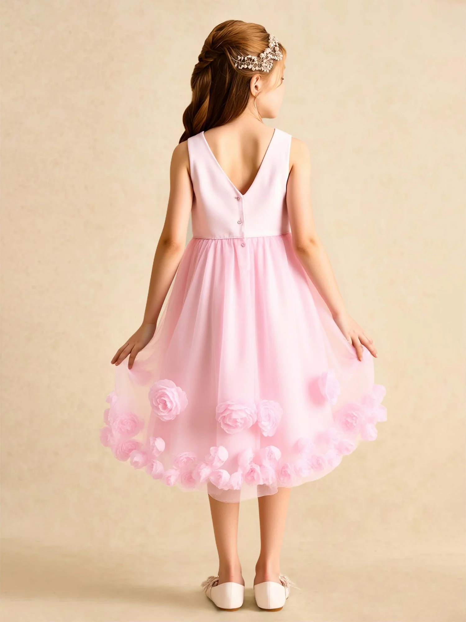 Scoop Ausschnitt 3D Blume A-Linie Tüll Blumenmädchen Kleid Zartrosa - Image 2