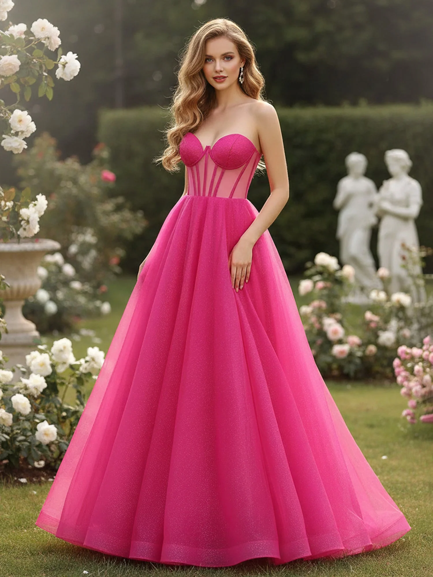 Glitter Herzform Ausschnitt Korsett A-Linie Lang Kleid Fuchsia