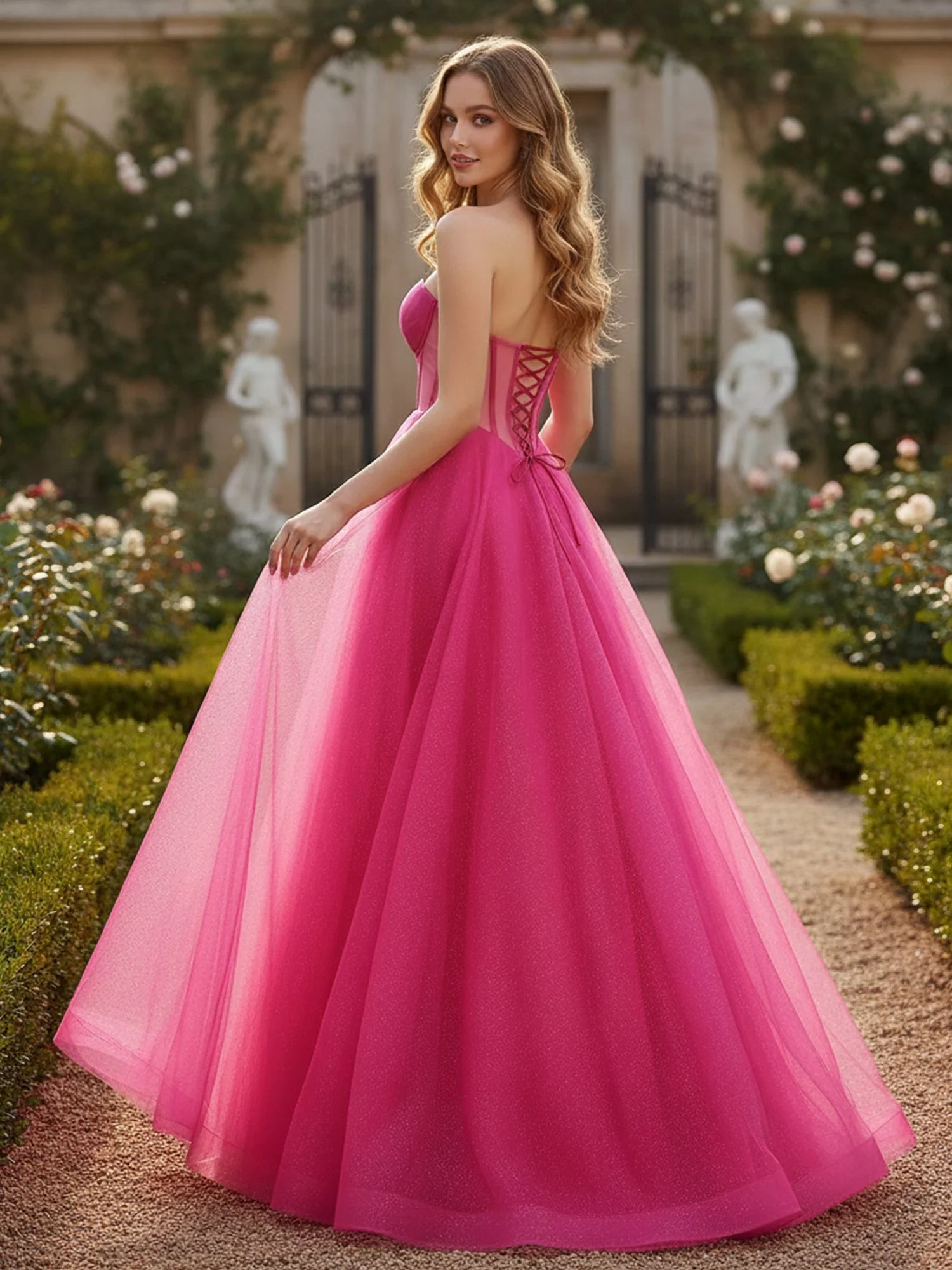 Glitter Herzform Ausschnitt Korsett A-Linie Lang Kleid Fuchsia - Image 2
