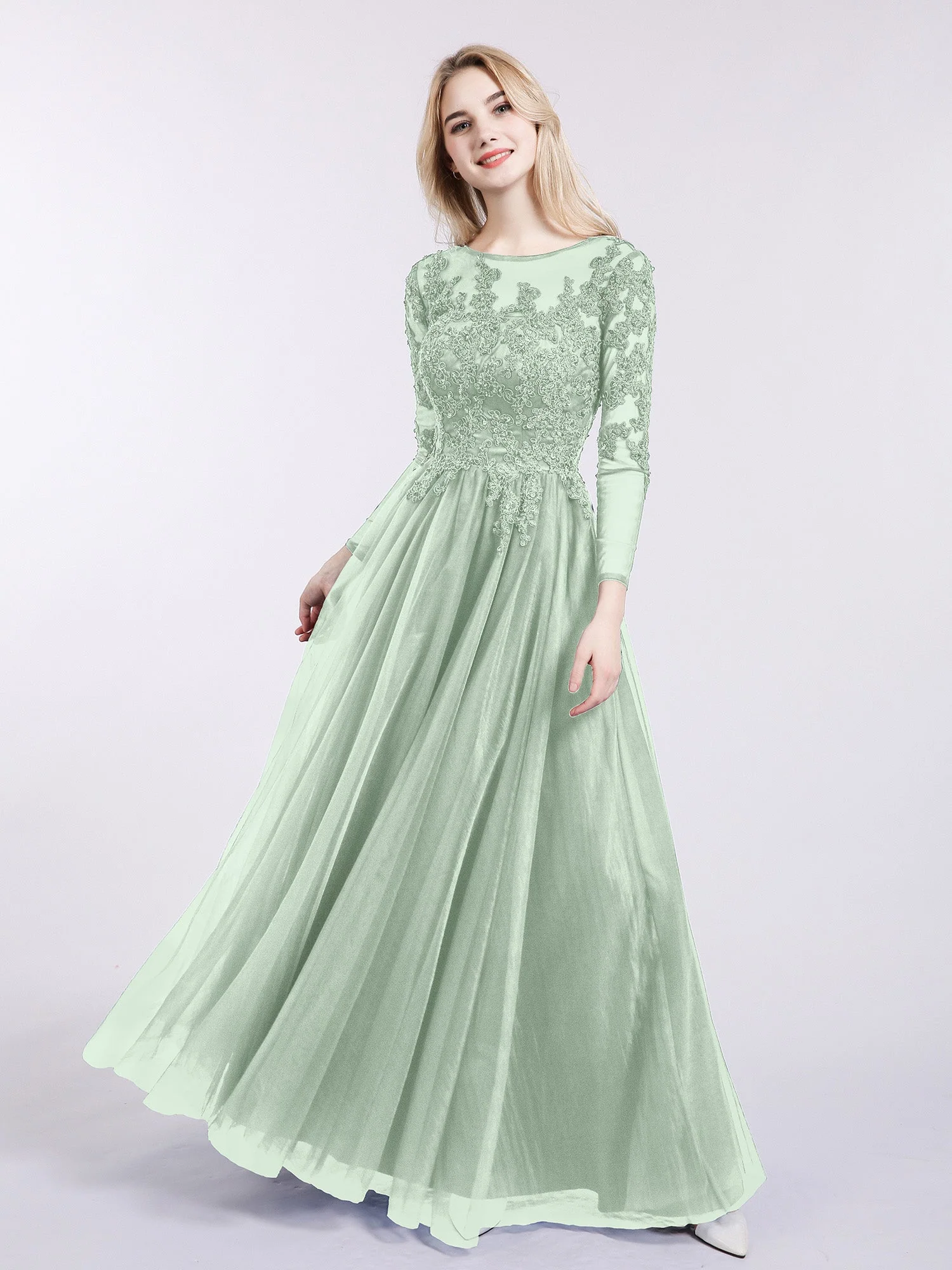 Tüll mit Applique Lange Ärmels Kleid Agavengrün