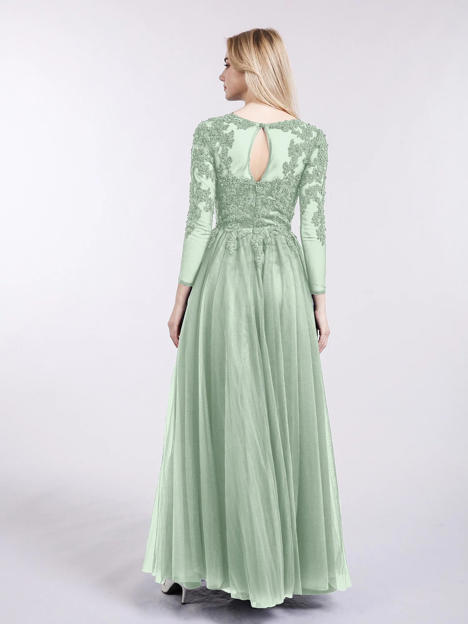 Tüll mit Applique Lange Ärmels Kleid Agavengrün - Image 2