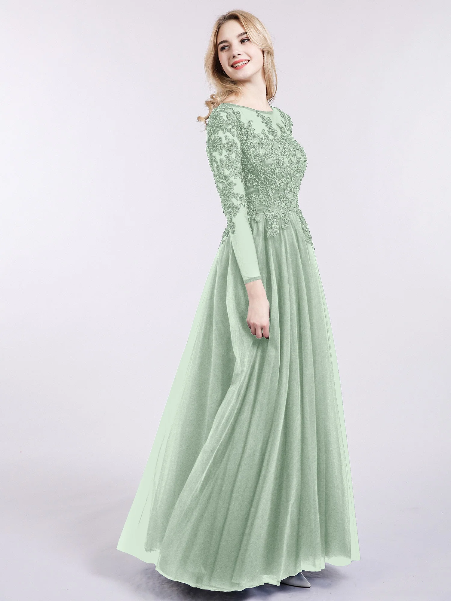 Tüll mit Applique Lange Ärmels Kleid Agavengrün - Image 3